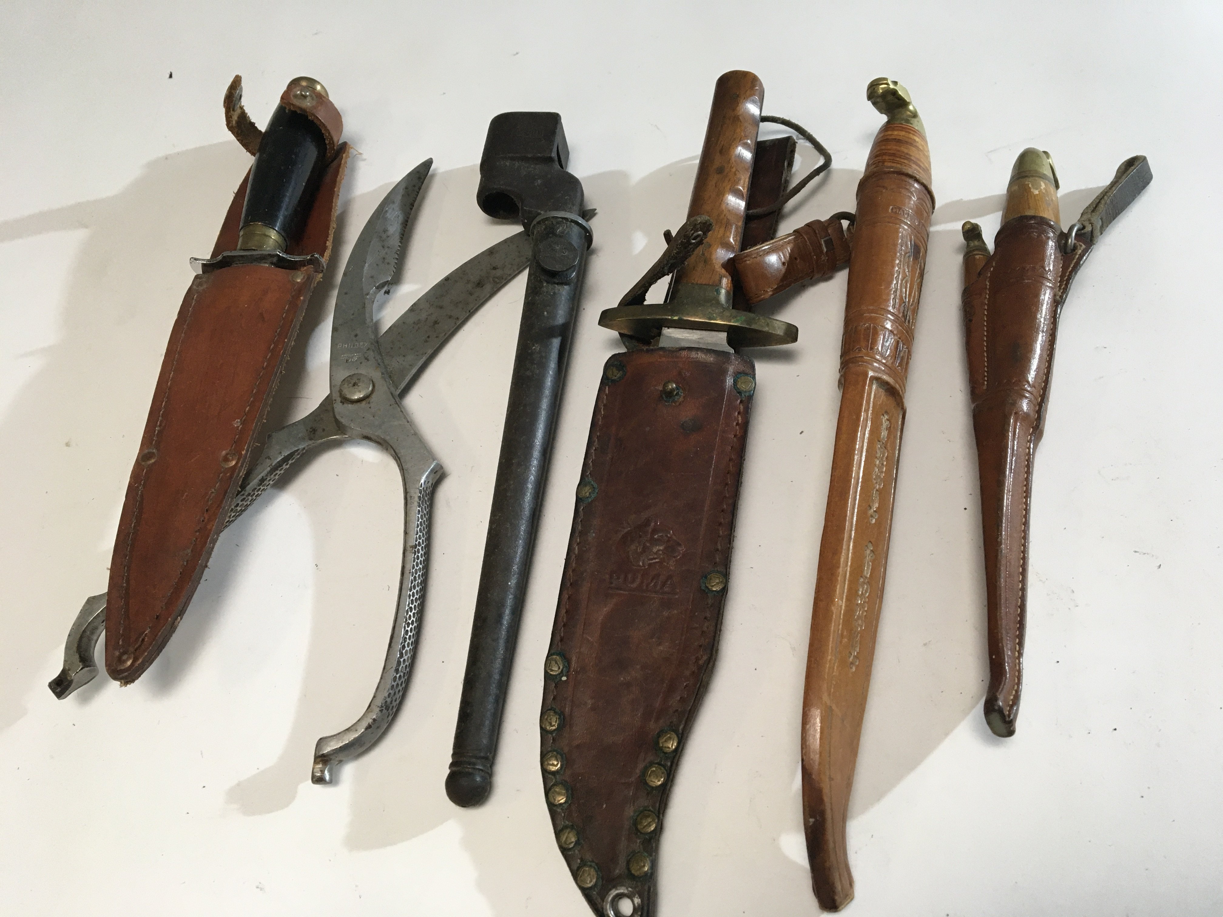 Two hunting knifes Sabre made in Finland a Bowie hunting knife maker J Nowill & Son Sheffield and other knifes and steel shears. (6)