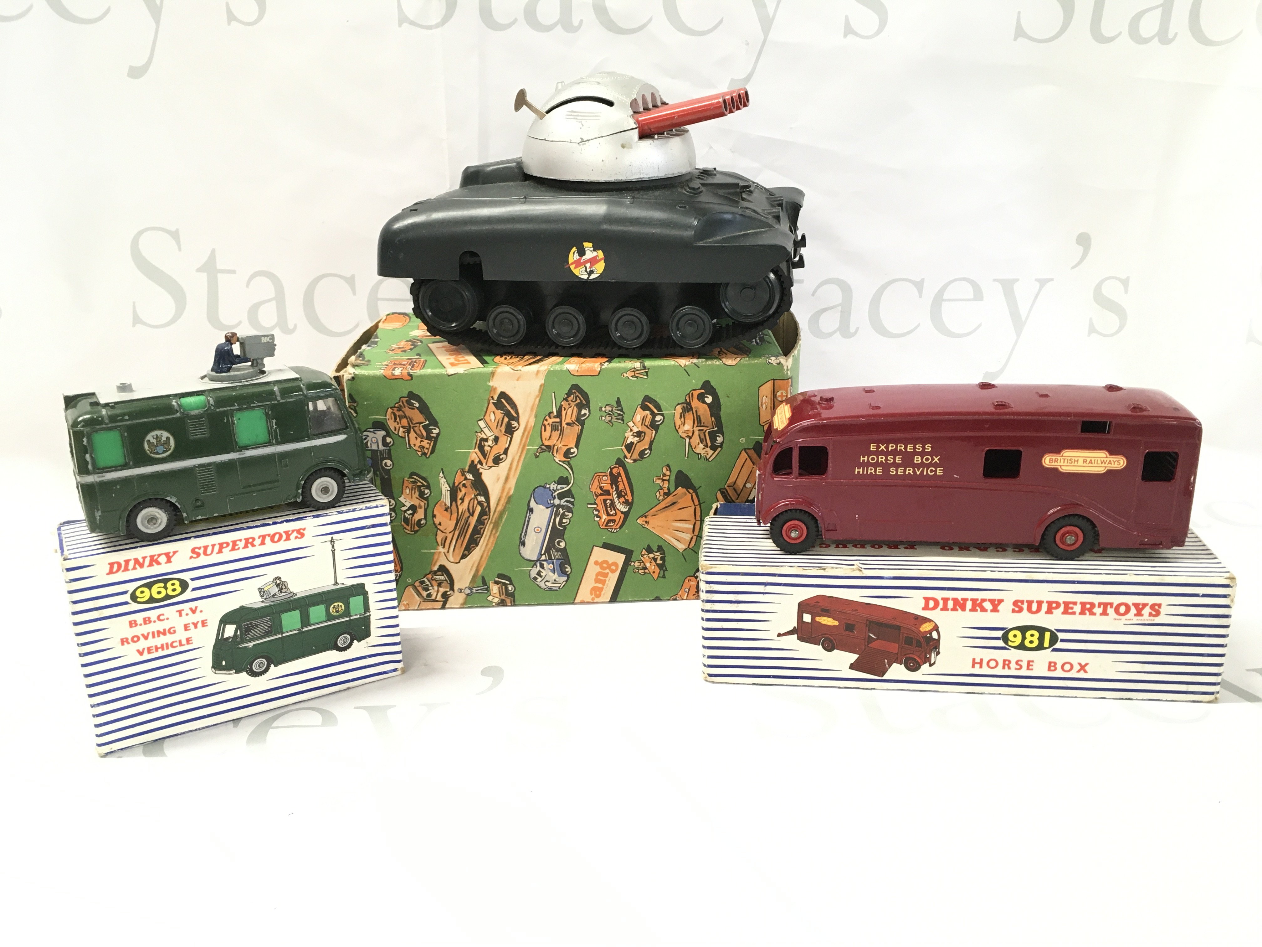 A Boxed Dinky B.B.C. TV Roving Eye Vehicle {Antenna Missing) #968. A Horse Box And A Tri-Ang Clockwork Tank (Key Missing)