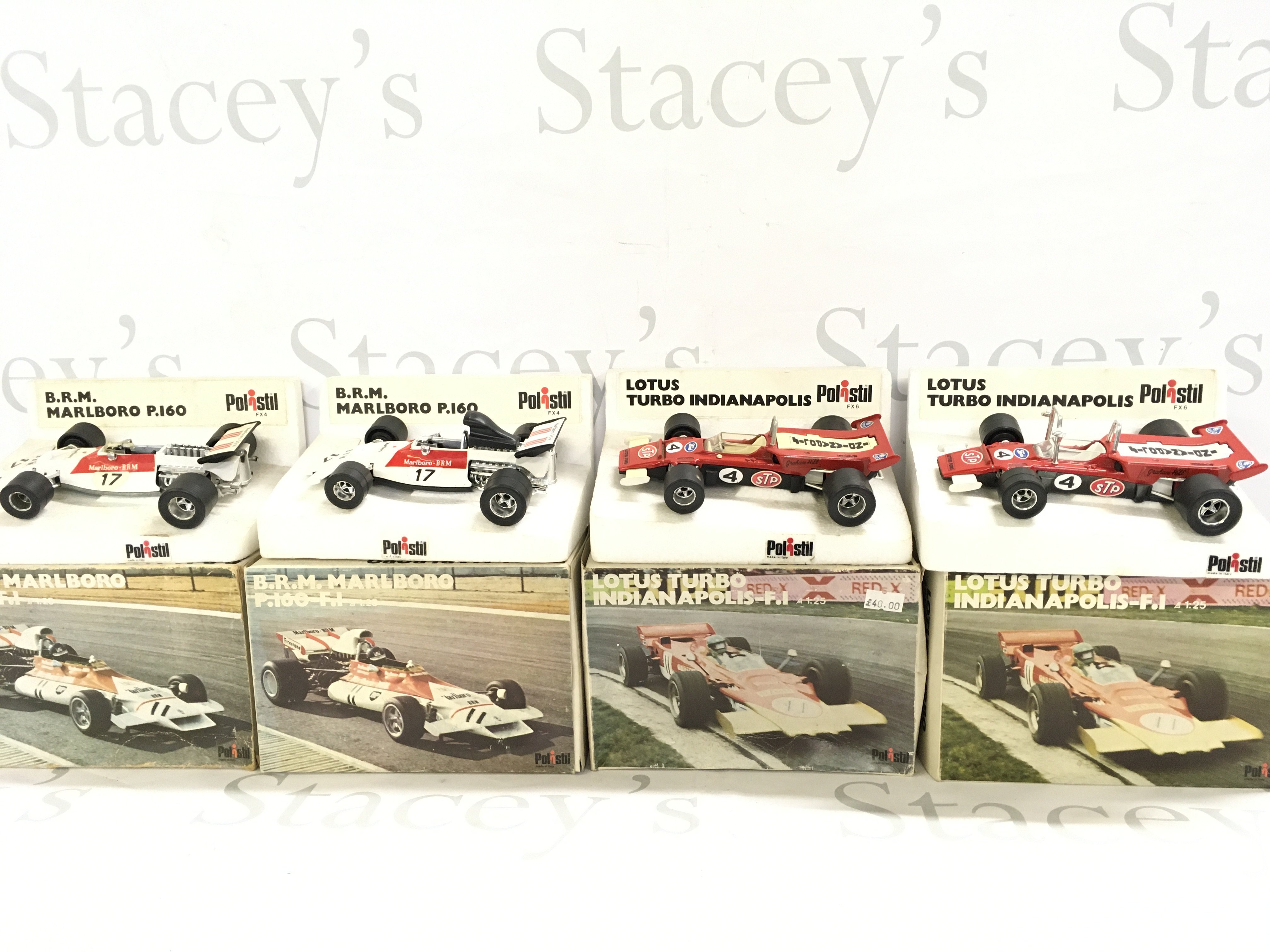 4 X Boxed Polistil F1 Cars. 2 X B.R.M Marlboro P.160 And Lotus Indianapolis.(4).