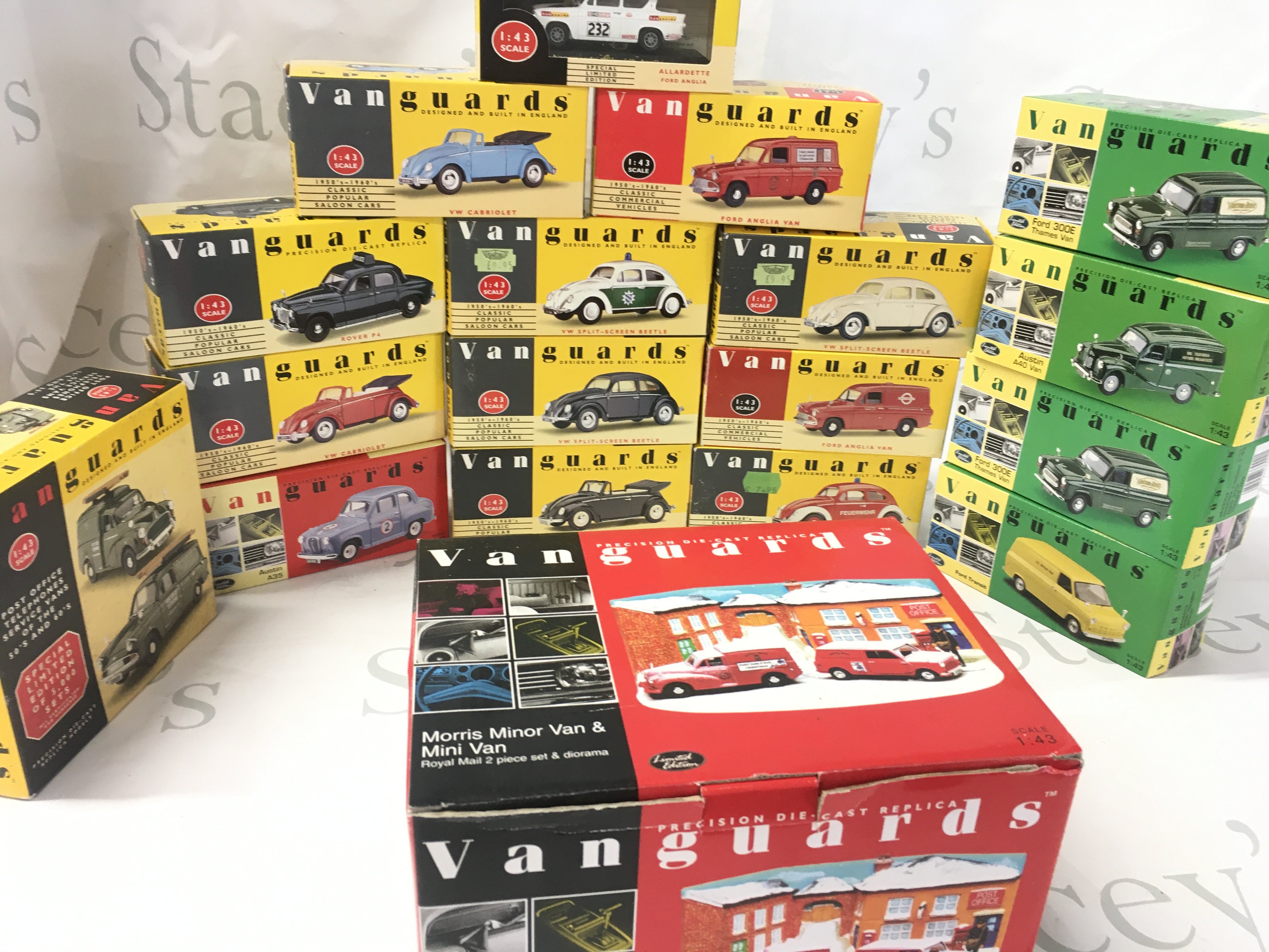 A collection of boxed diecast model vehicles in the Vanguards series. Includes a Royal Mail 2 piece set with diorama. No reserve