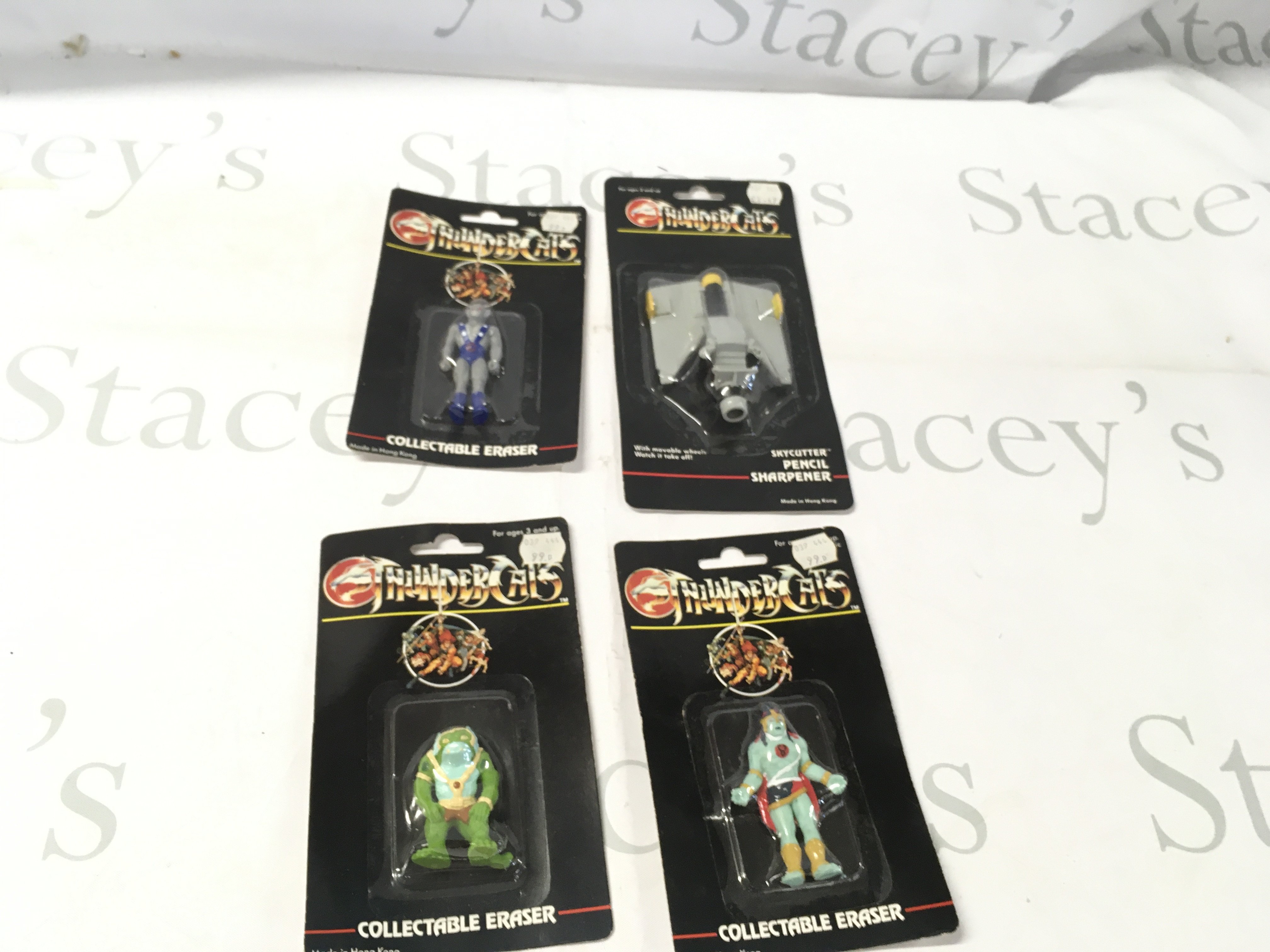 4 sealed Thundercats items featuring 3 Collectable erasers Mummra..Panthro&hellip;Slithe. and 1 pencil sharpener. Sky cutter.