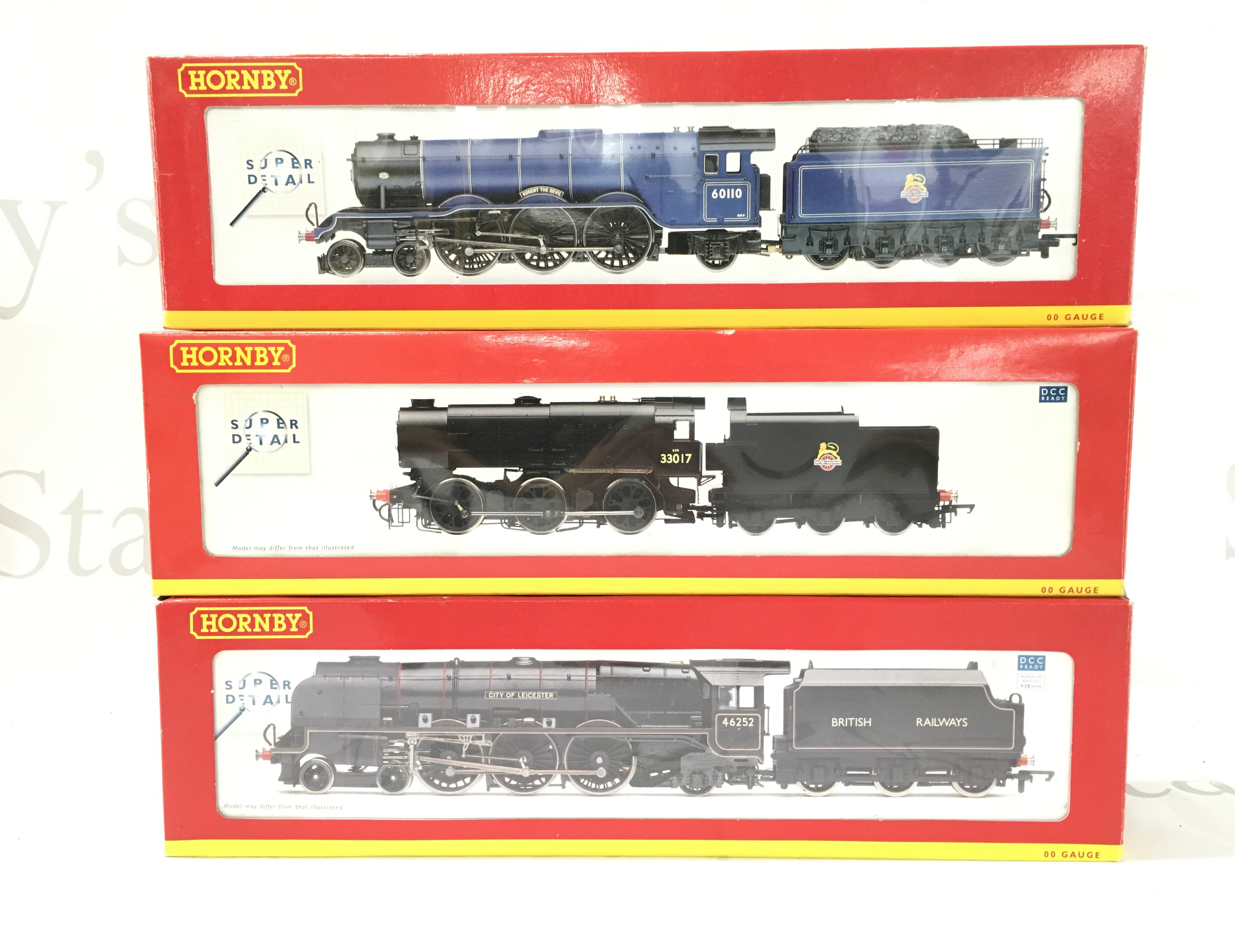 3 X Boxed Hornby 00 Gauge Locomotives A Duchess Class Locomotive #R2722. A Class Q1 Locomotive #R2355A And A Class A3 Locomotive #R2201