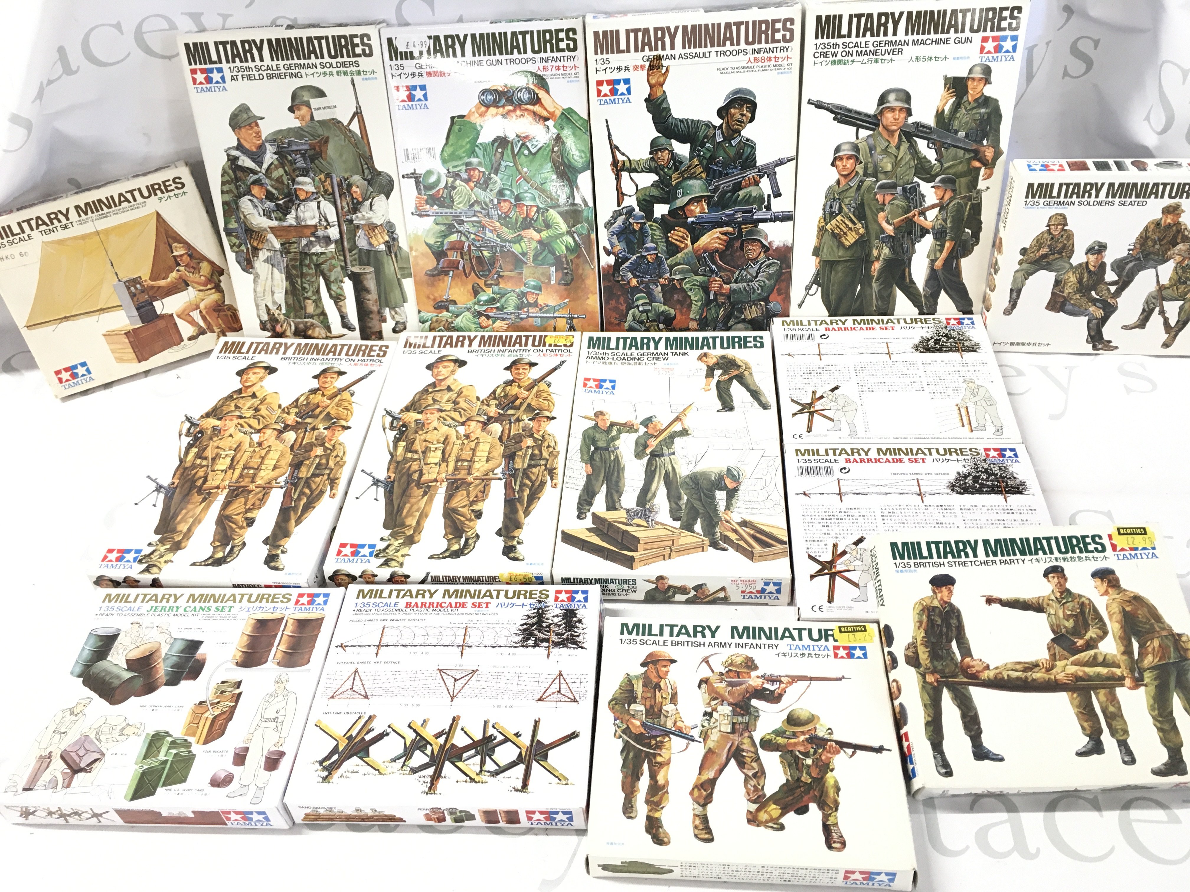 A collection of 15 boxed Tamiya kits with military theme featuring British and German soldiers plus barricade and Jerry can sets. No reserve