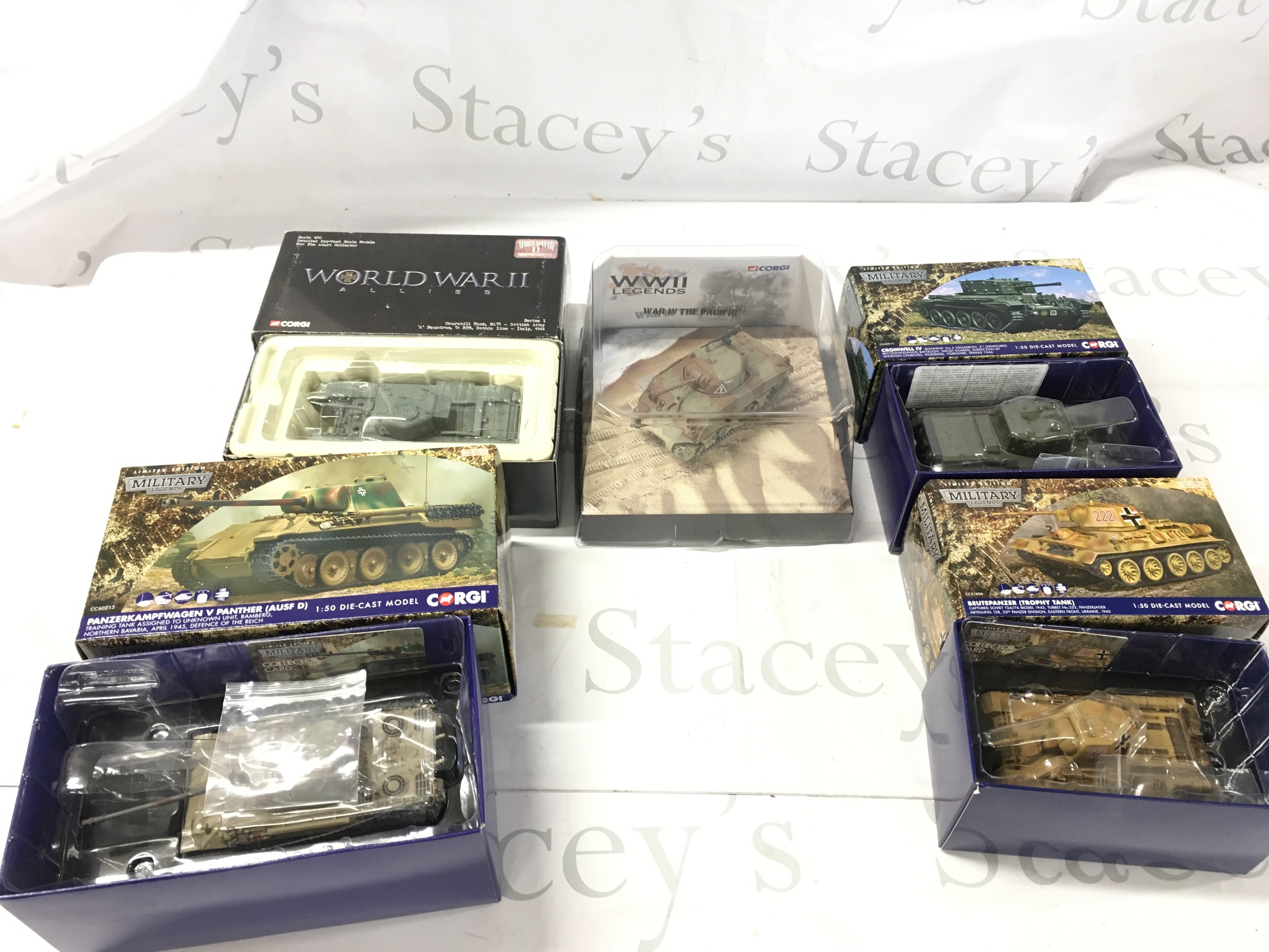 A collection of 5 boxed Corgi diecast model WW11 tanks from the Military Legend series. No reserve