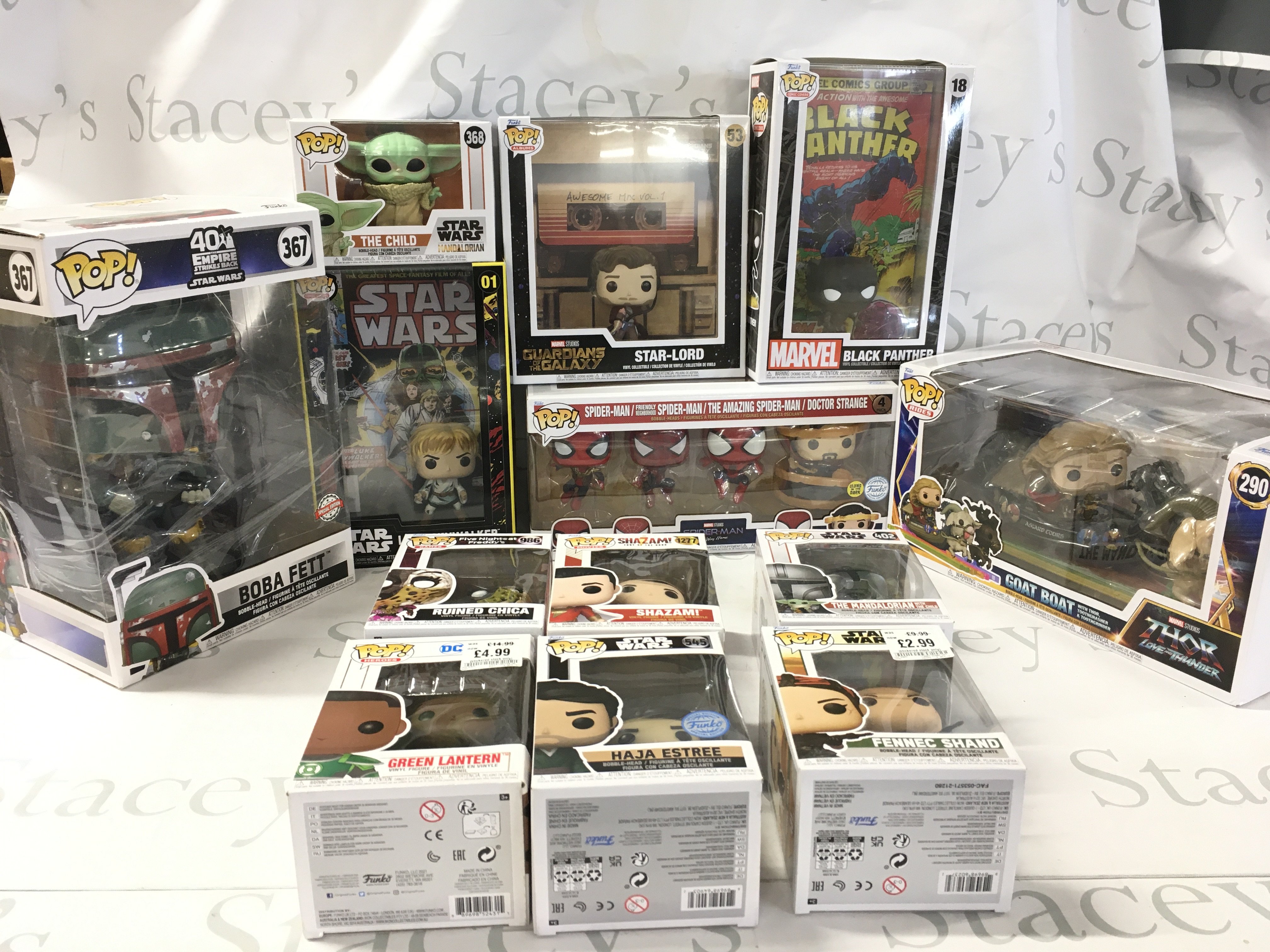 A collection of 13 boxed Funko Pop Bobblehead figures featuring some special edition including a large Boba Fett 367 Star Wars 40th Anniversary of Empire Strikes Back&hellip;and others. No reserve