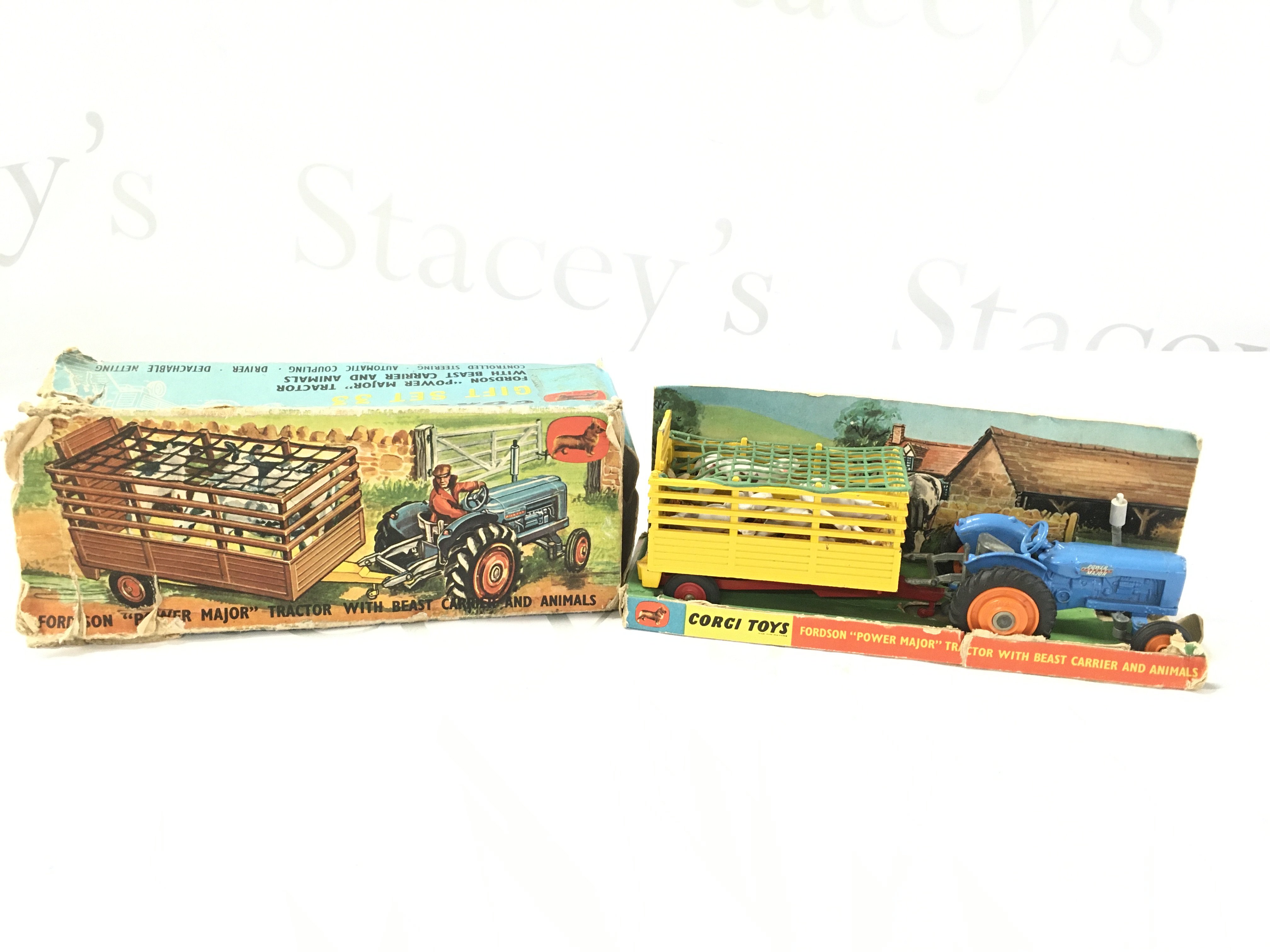 A Boxed Corgi Gift Set #33 A Fordson Rower Major Tractor With Beast Carrier And Animals. Box Is Worn. No Reserve.