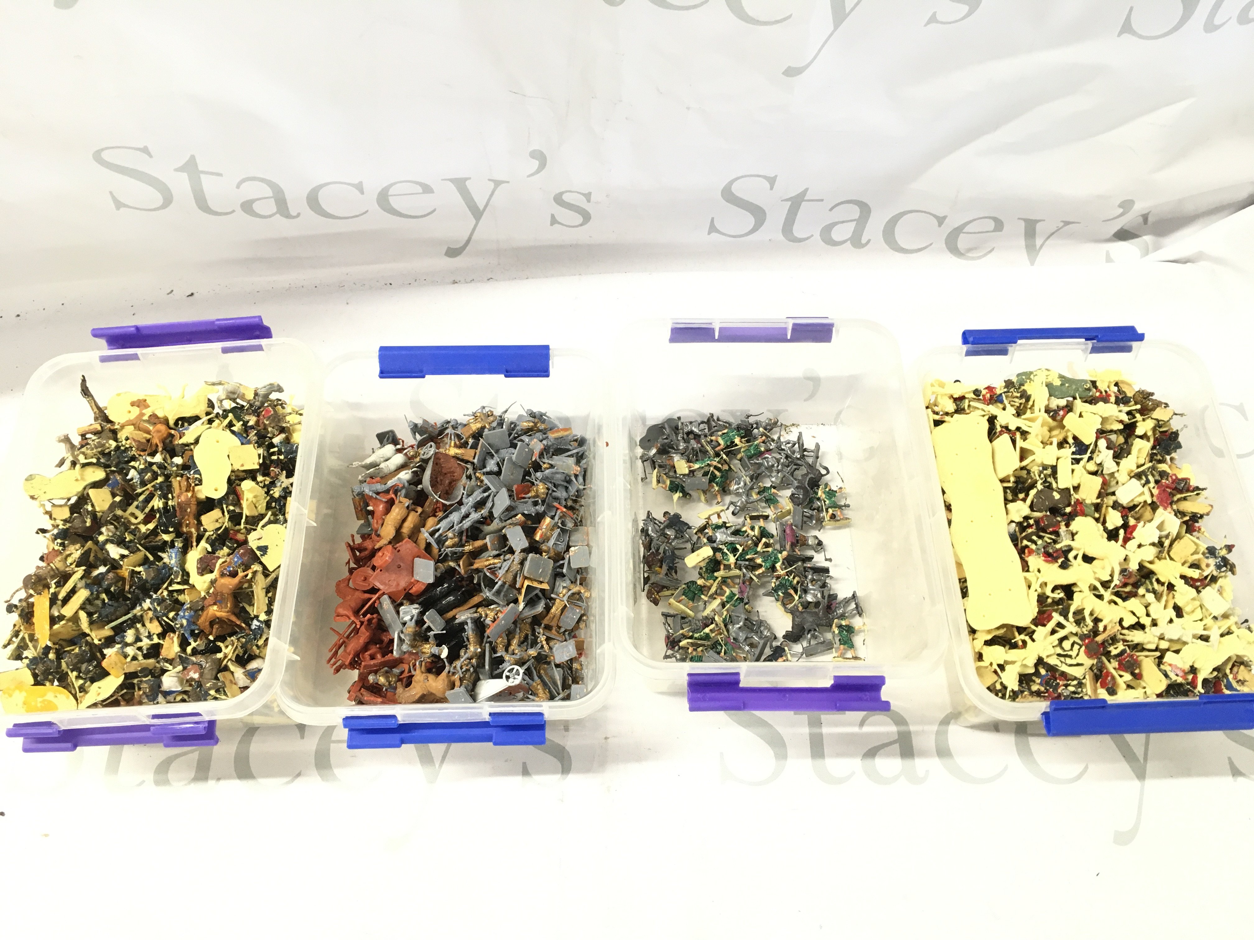 4 Tubs Containing 1/72 Scale Model Soldiers. Including Romans Robin Hood. Mostly All Painted.