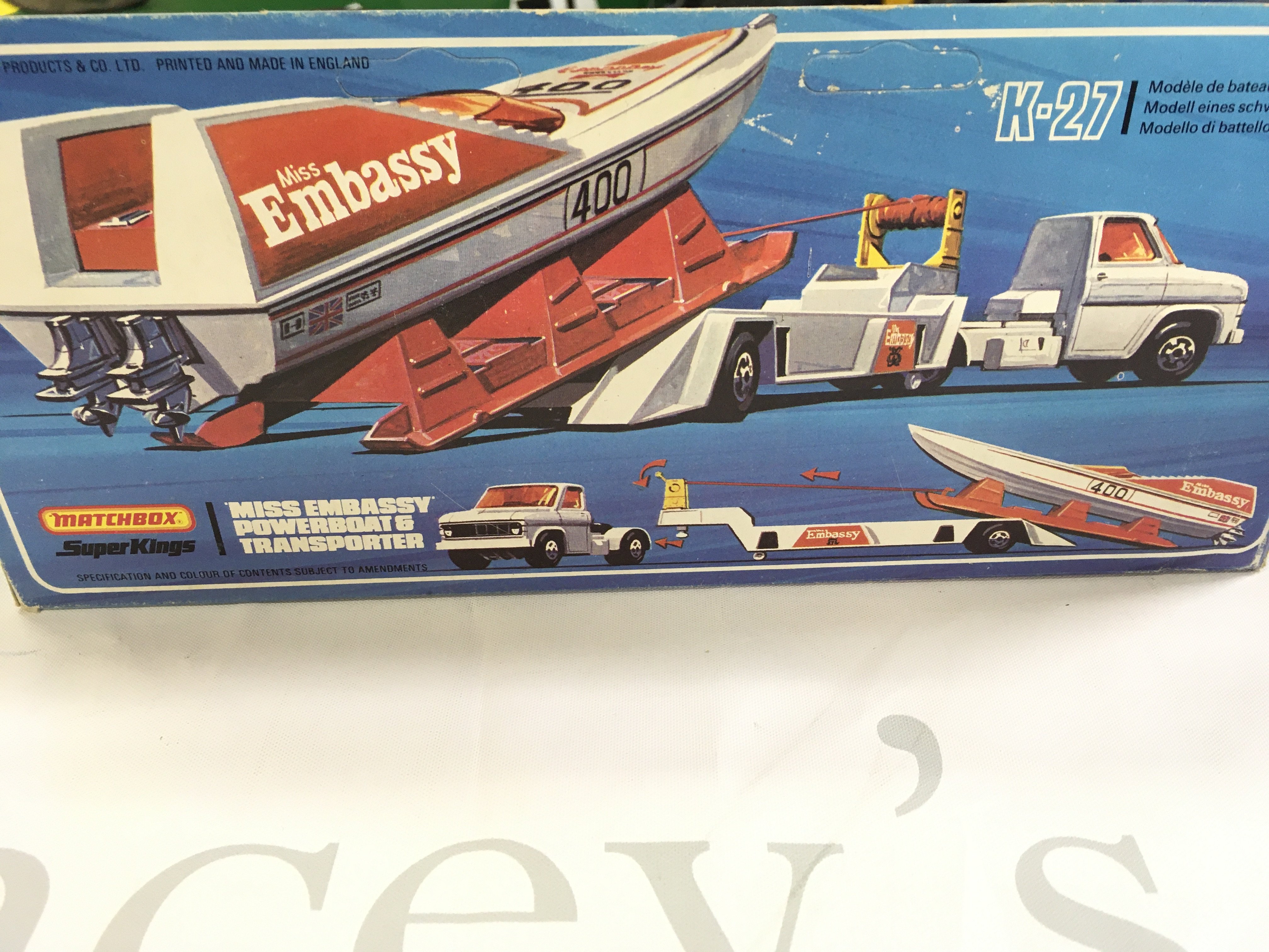 A Boxed Matchbox Superkings Miss Embassy Powerboat And Transporter #K-27.