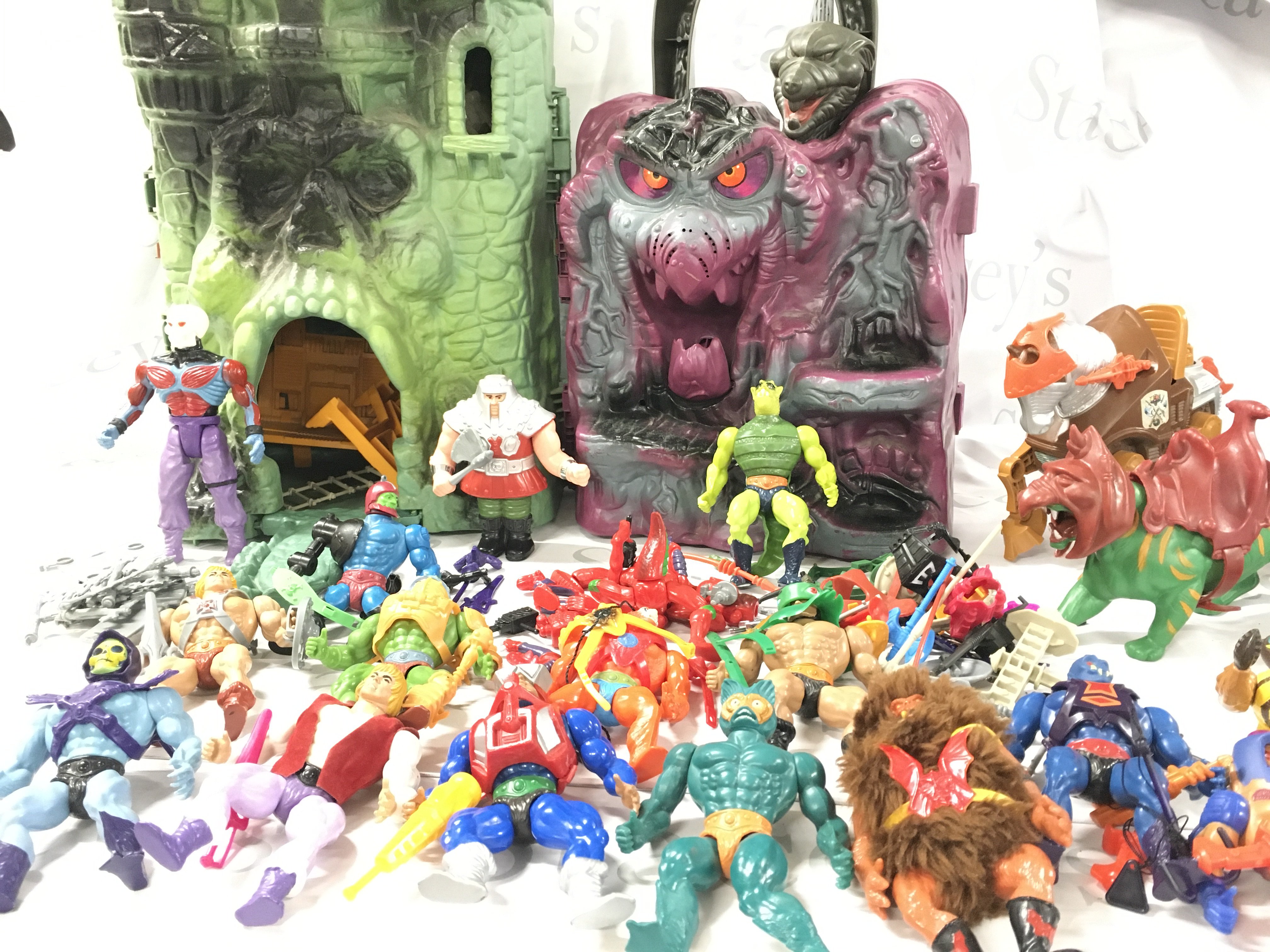 A Collection of Masters Of The Universe Figures And Accessories Including Castle Grey Skull And Snake Mountain. No Reserve.