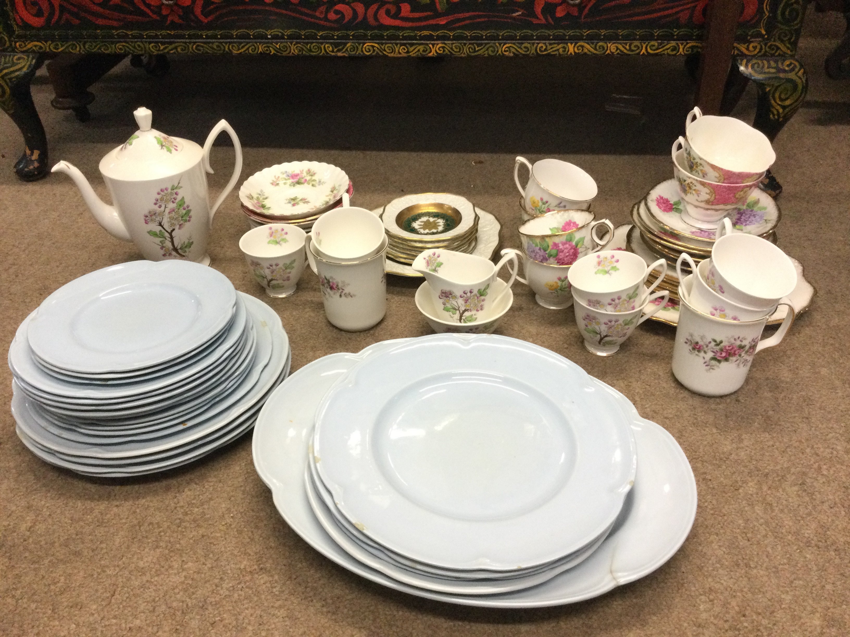 Part tea sets including Greydawn Johnson Bros plates. Royal Albert Flower of the month May Hawthorn, Royal Albert Lady Garlyle, Carousel Royal Stafford, Bavaria German plates etc. This lot cannot be posted