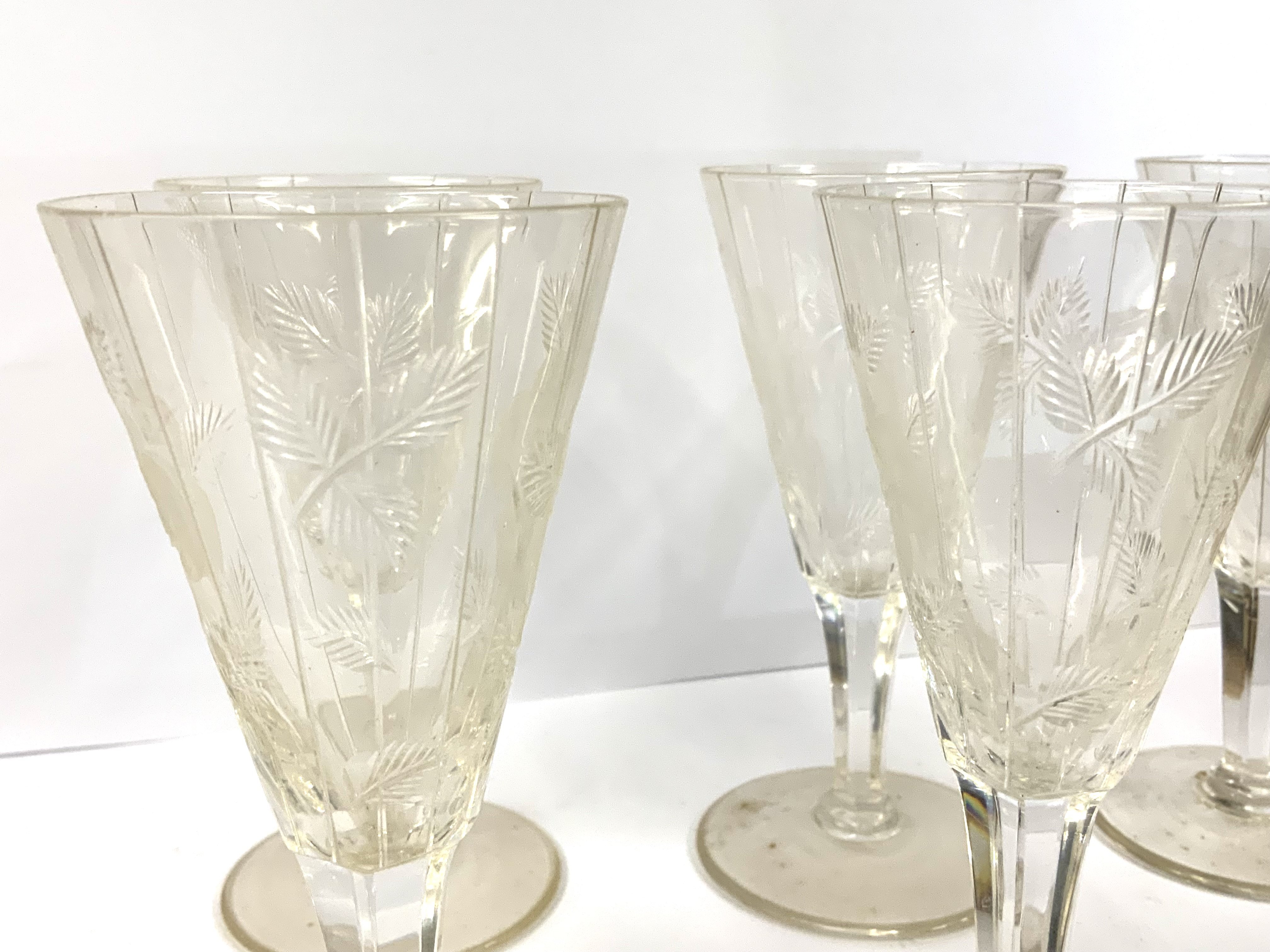 6 Webb-Corbett floral engraved fluted sherry glasses. (D) NO RESERVE
