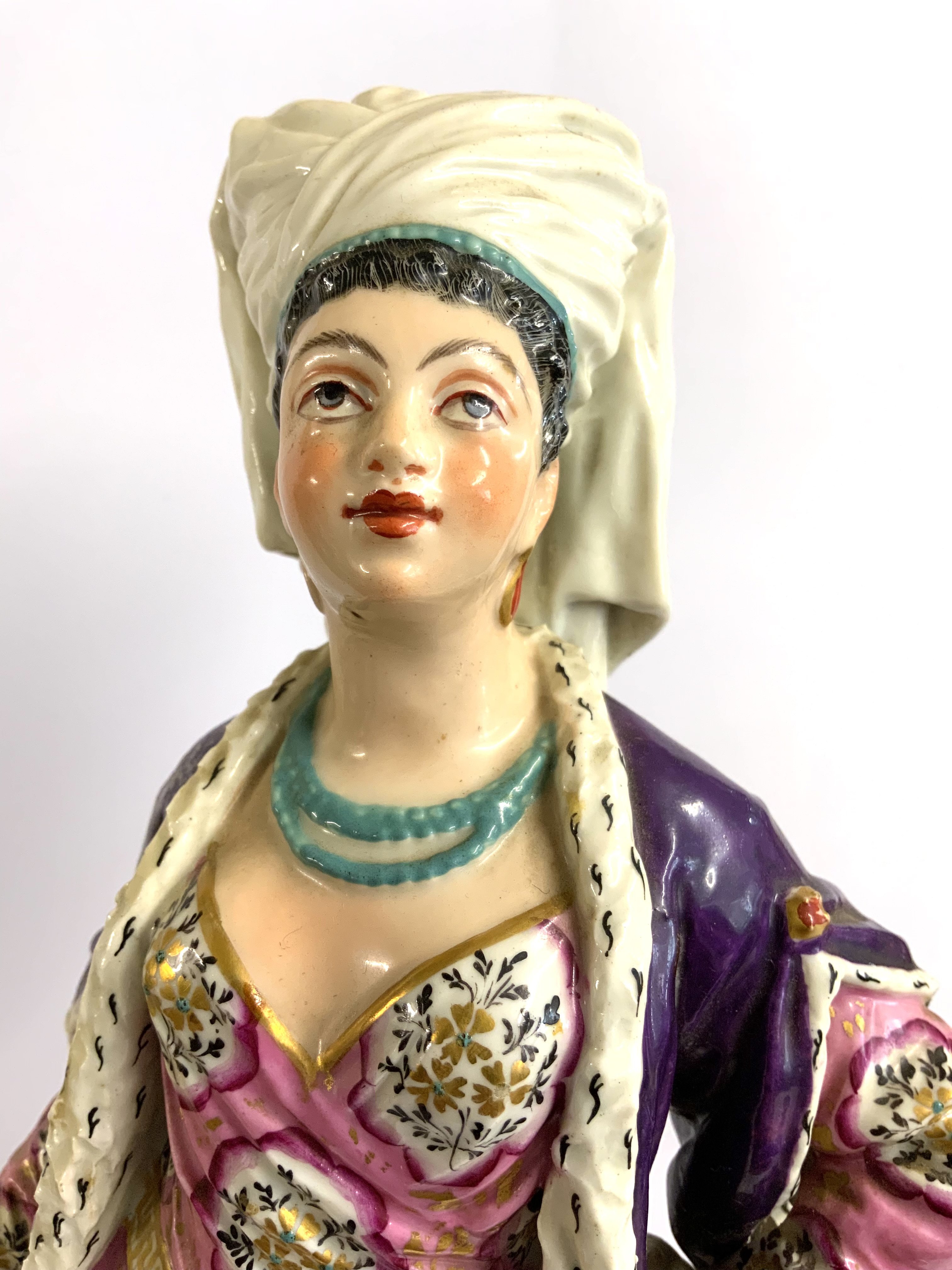 A rare large porcelain figure of an eastern lady with Derby porcelain marks, 34.5cm. (D) this figure is mentioned in by J.Twitchett p.71 in a group of 18. Dates 1830-1847. Neales 1985 Alma country house sale.