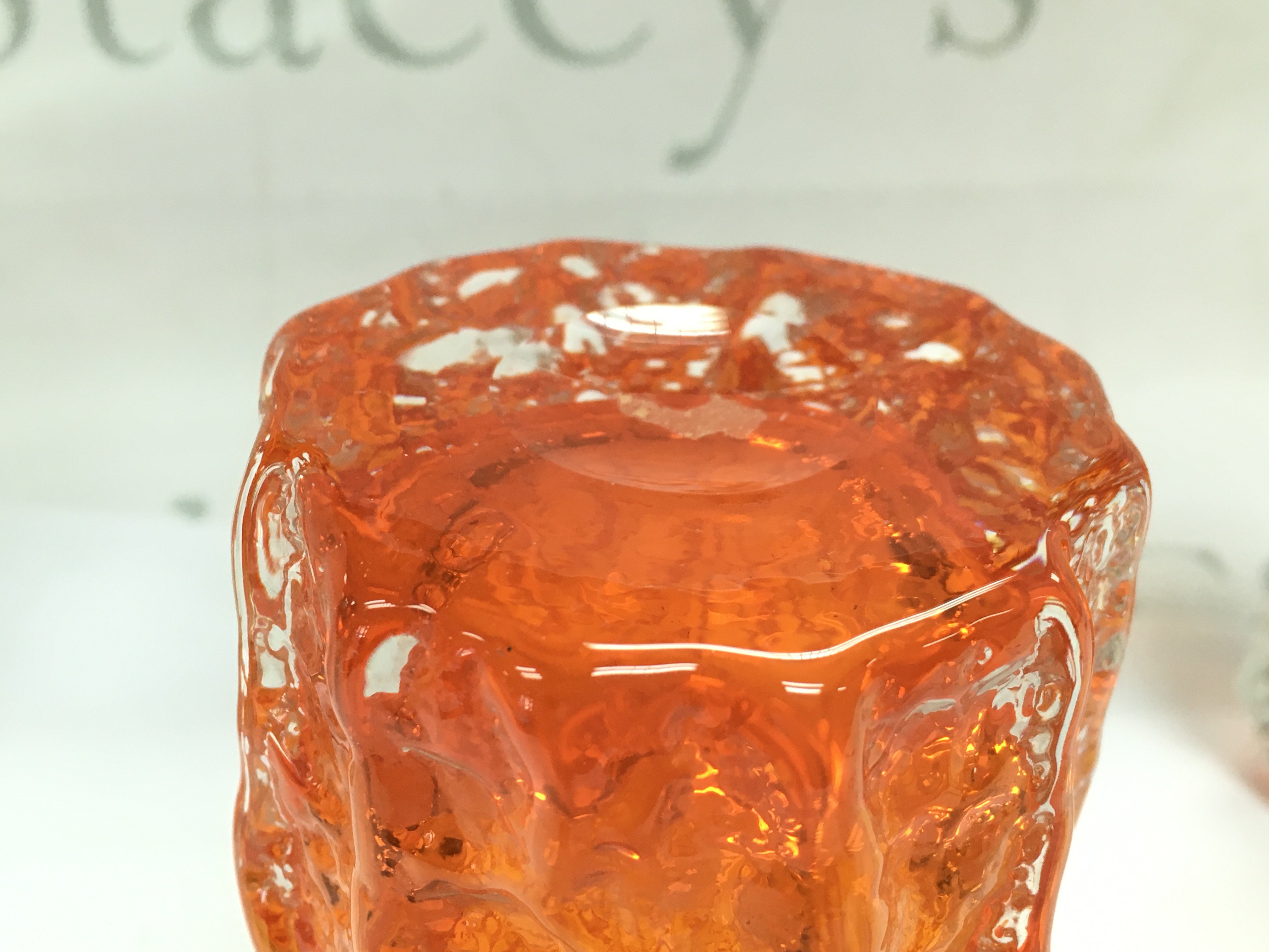 A Whitefriars bark Tangerine vase and a similar vase (not whitefriars). 16 and 14cm tall approximately. This lot cannot be posted