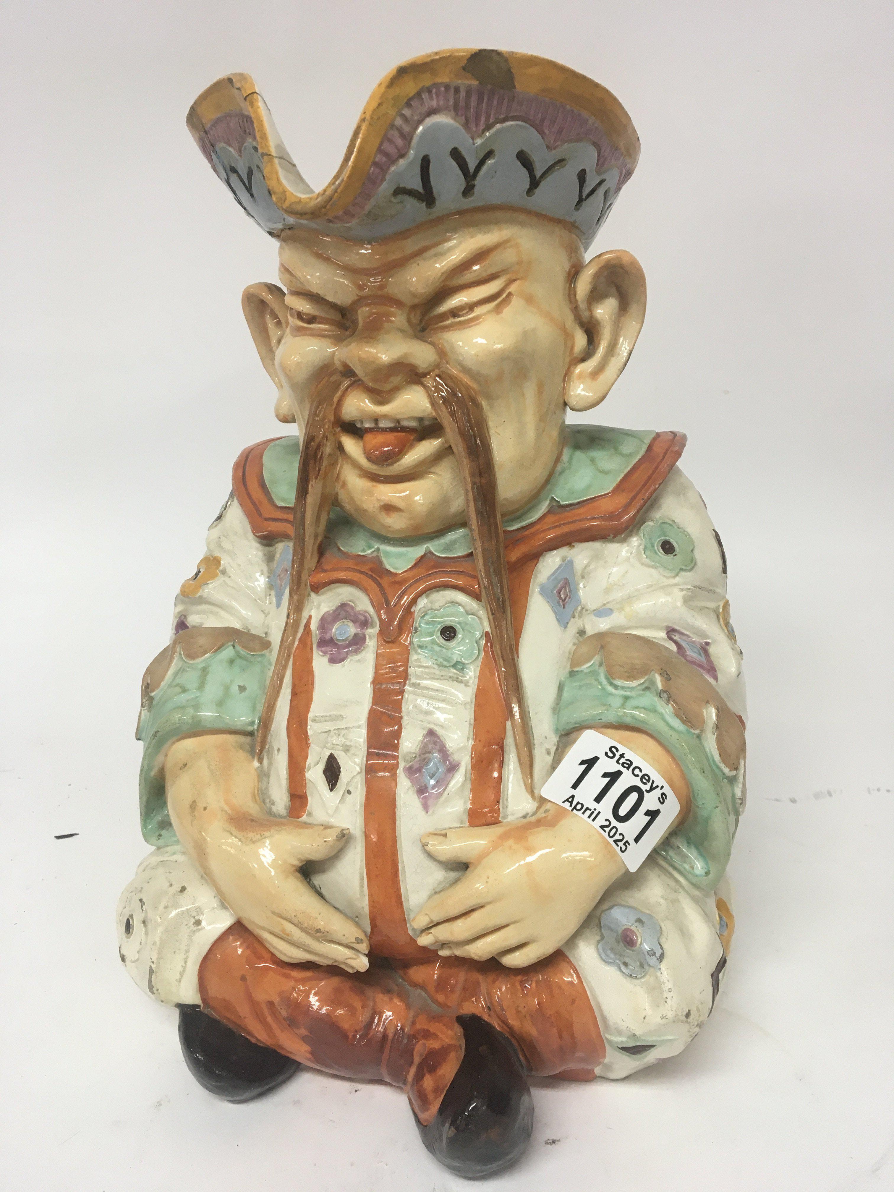 A large Victorian Majolica caricature jug in the form of a seated oriental man marks to the base W & R L 3. Height 30cm some damage see images.