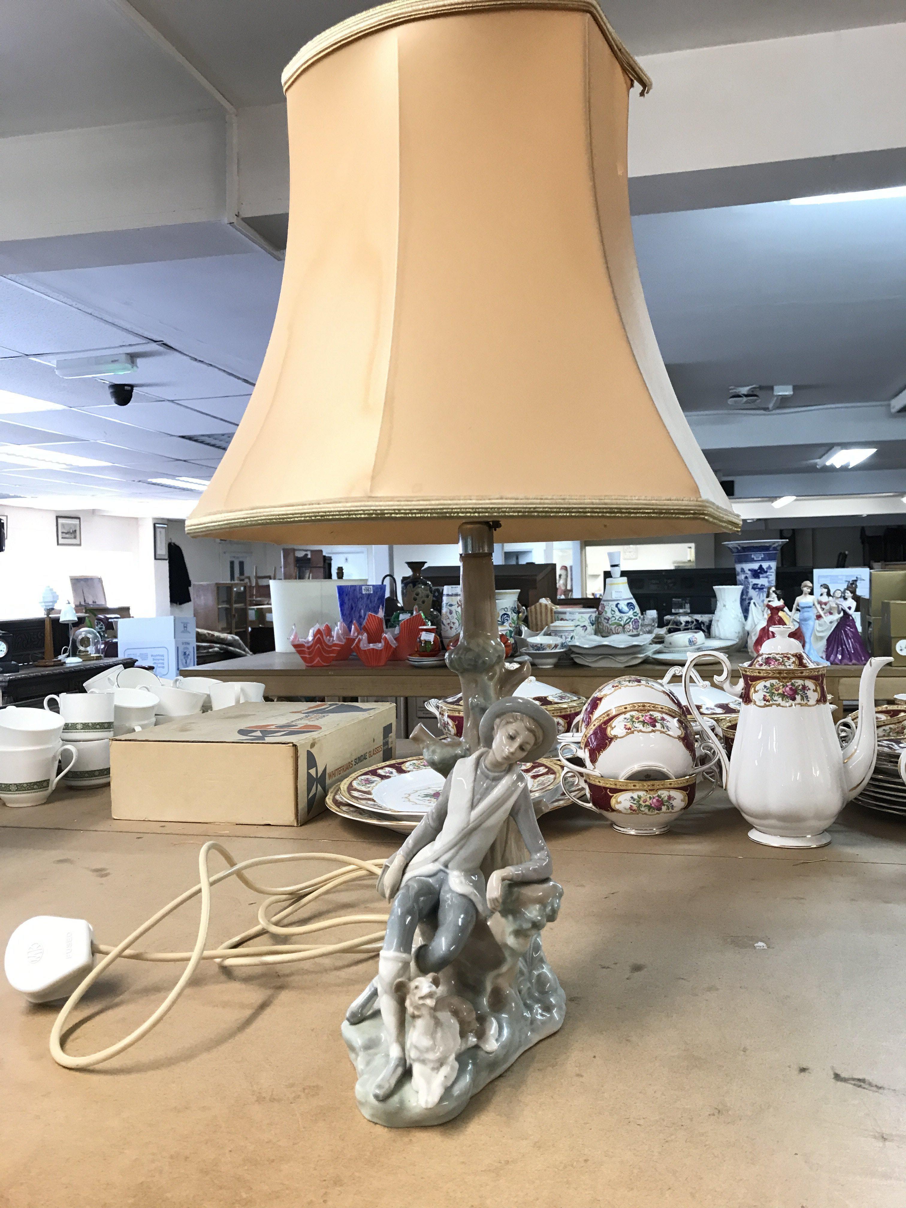 A Lladro figure lamp, boy with dog, 56cm tall. This lot cannot be posted