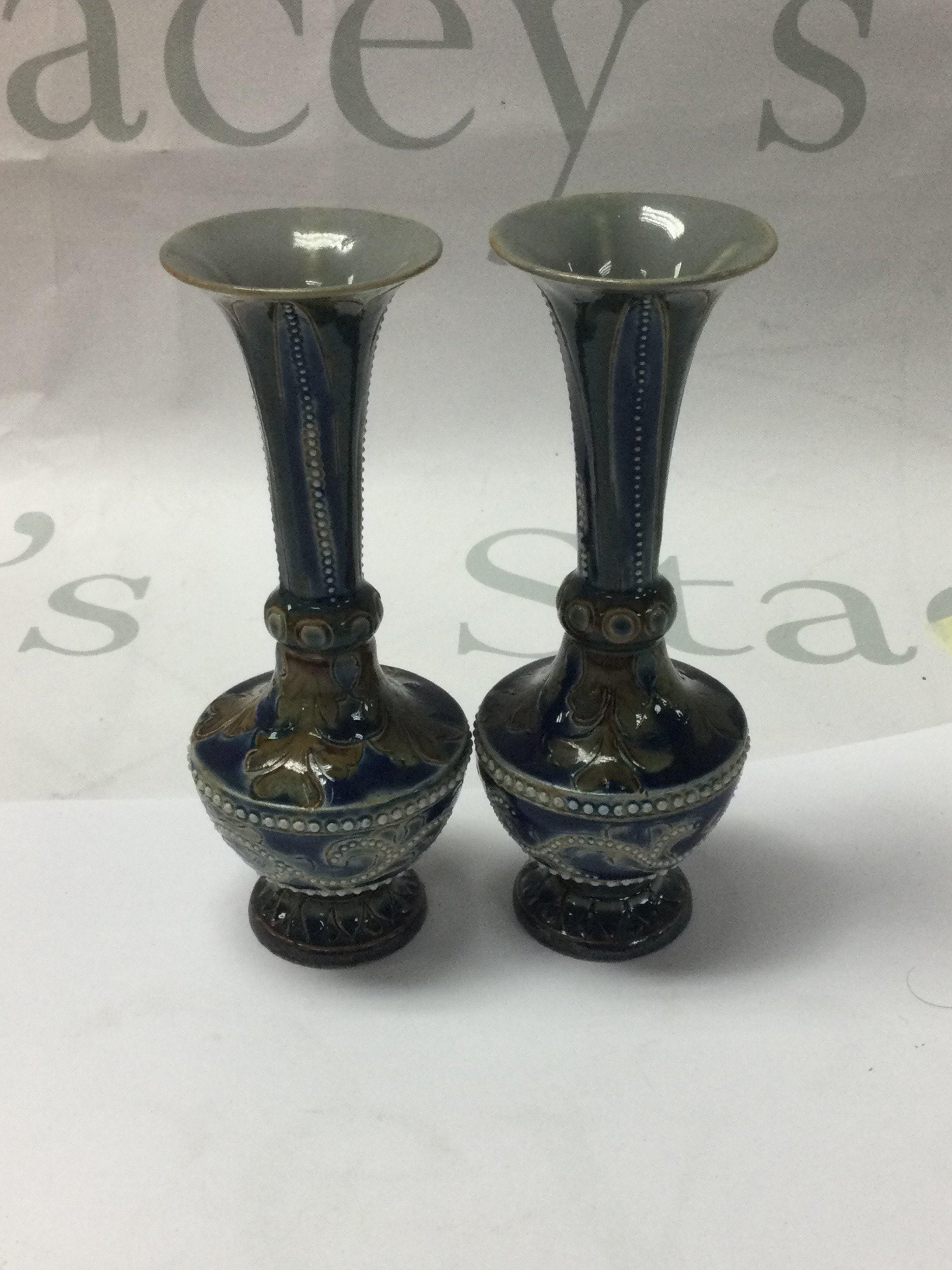 A pair of small Doulton Lambeth vases decorated by Sarah Fisher and Emma Martin. 13 cm