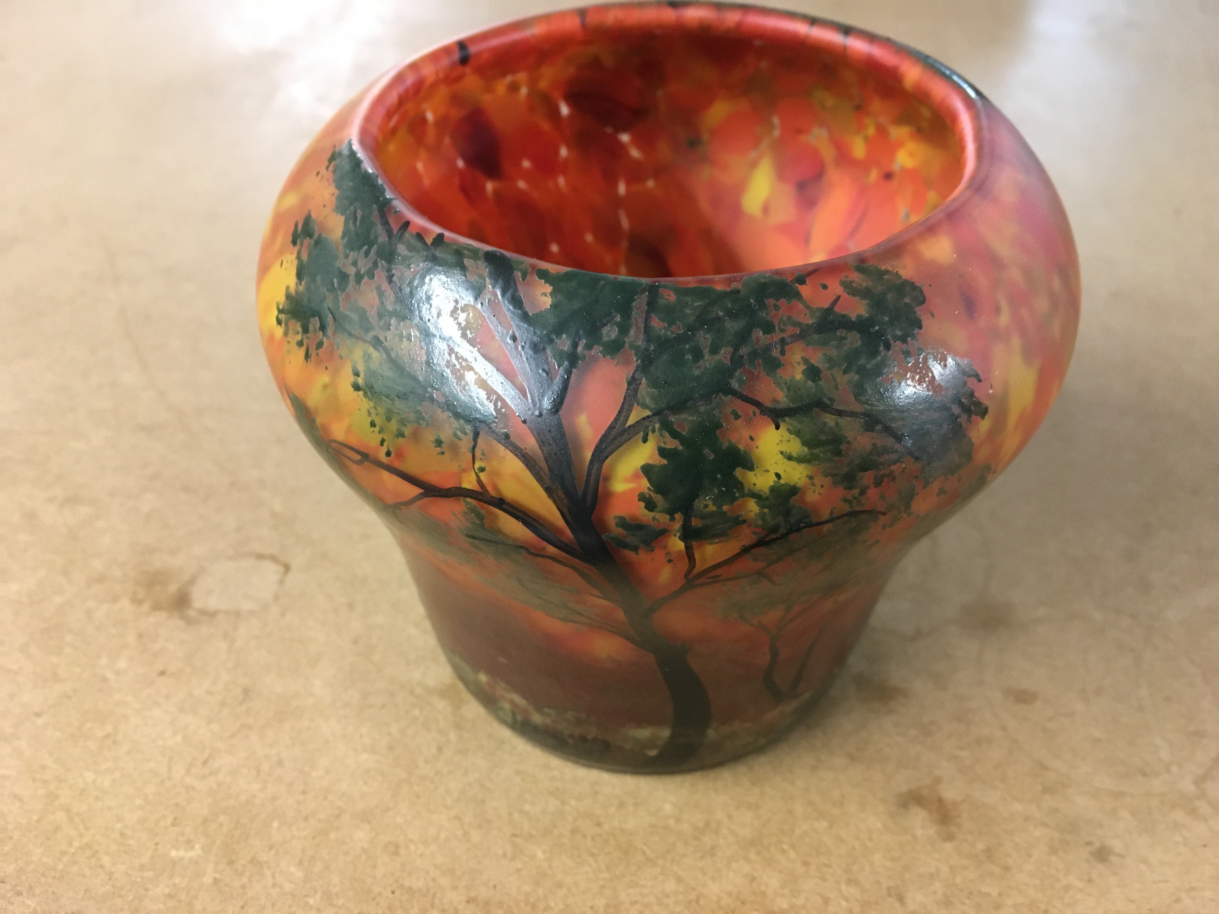 A Legras enamelled vase with landscape design circa 1910. Good condition. 11cm tall