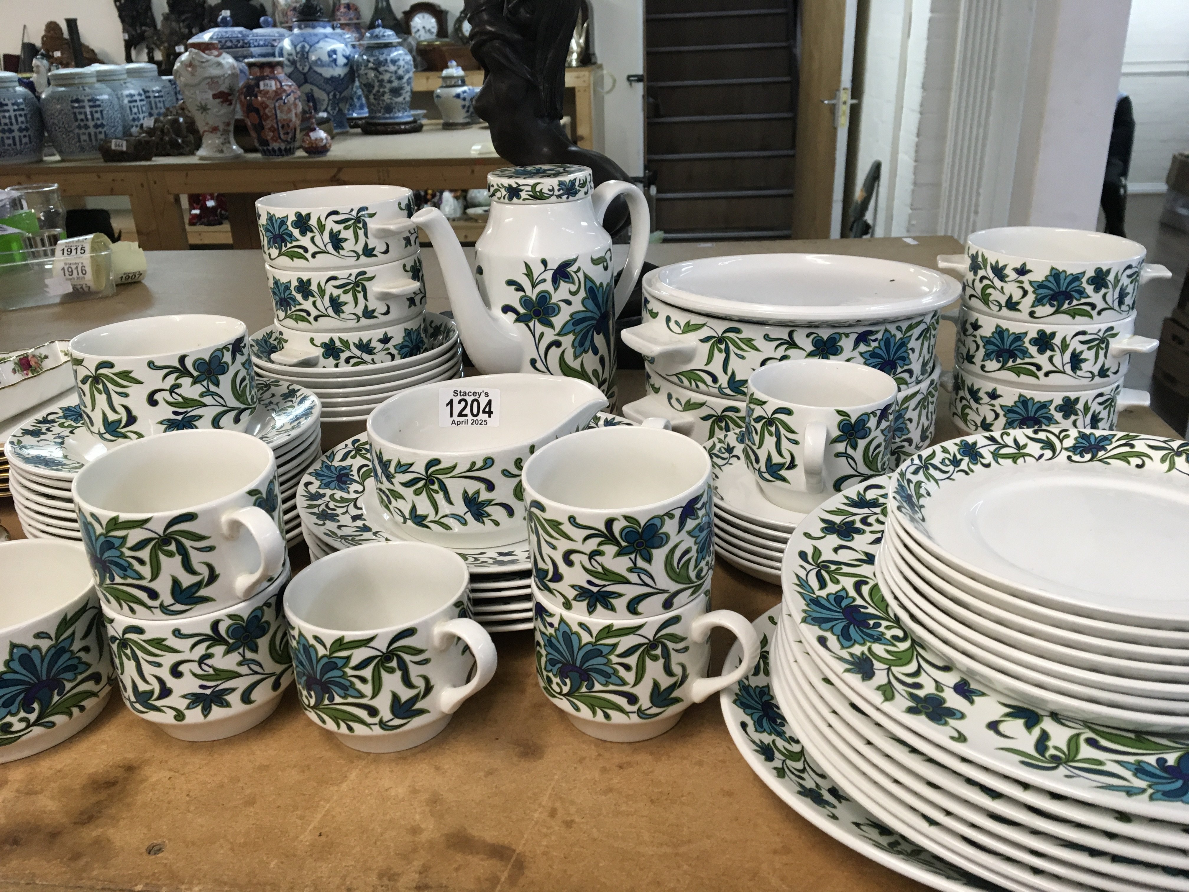 A Midwinter 20th century design dinner and coffee set shapes design by the Marquis of Queensberry one tureen cover missing coffee pot damaged.