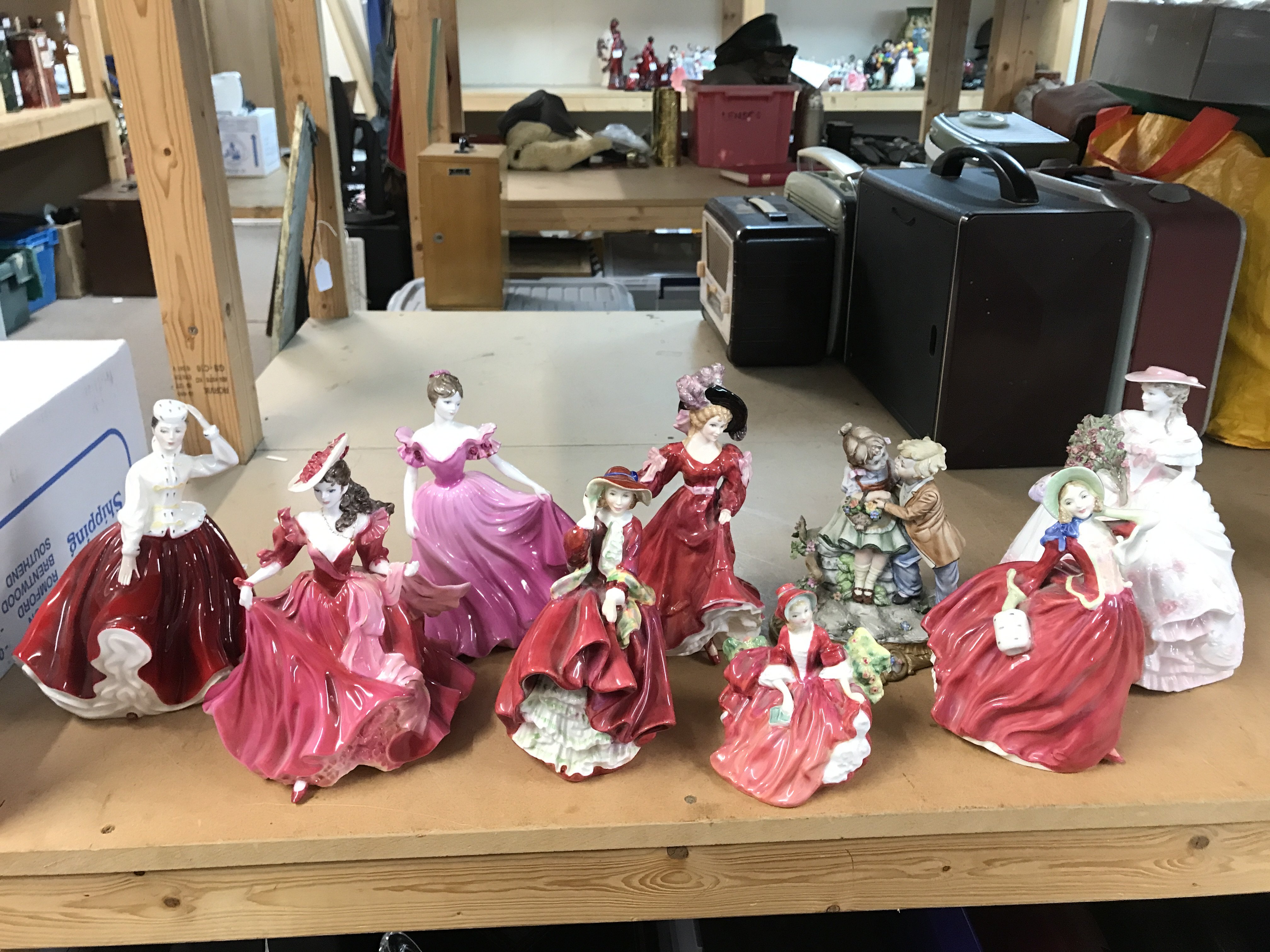 A Collection of Porcelain royal Doulton figures including Top o the hill, Lydia, Autumn breezes etc , Coalport figures and one capodimonte children figure group.