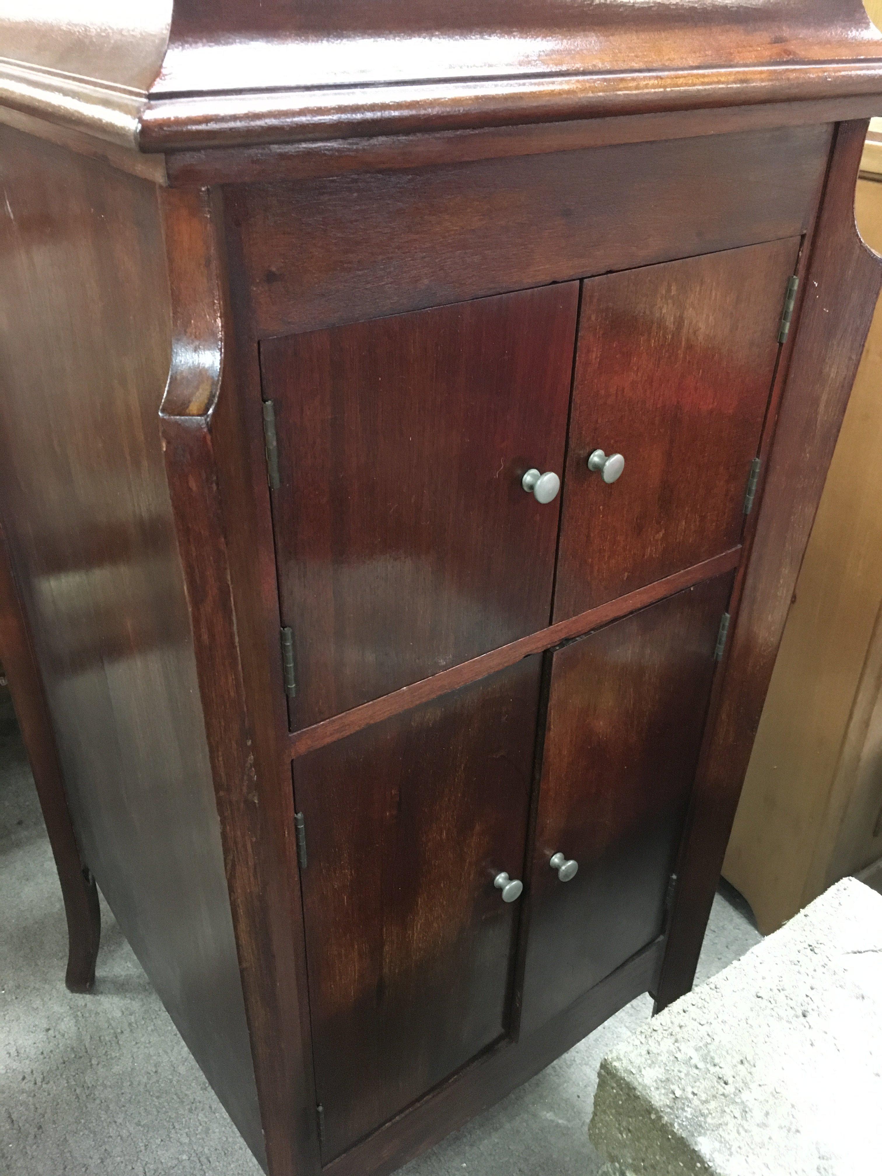 A mahogany Standing gramophone together with needle tins and records. NO RESERVE
