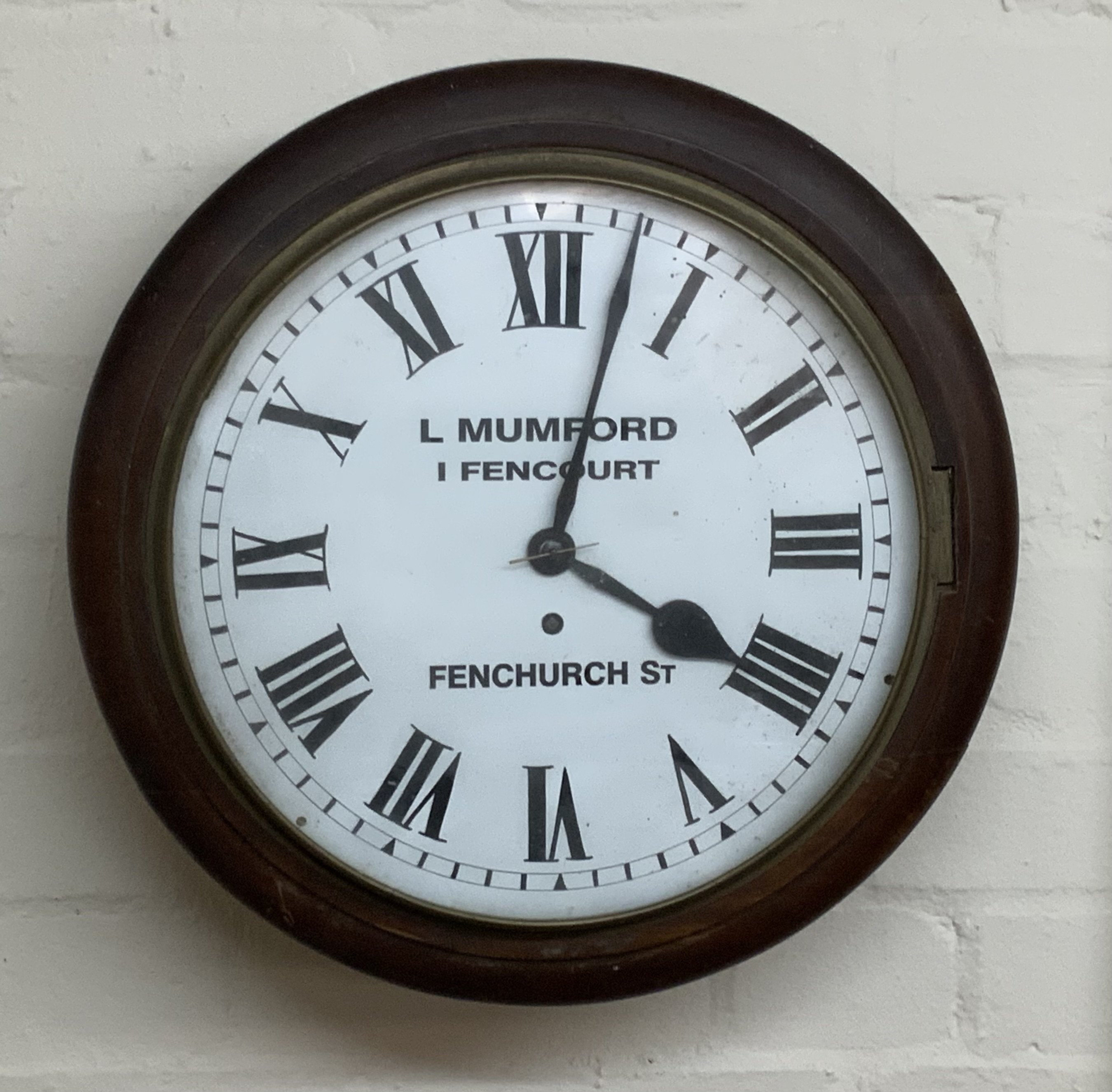 A Victorian single fusee wall clock with later dial for L Mumford, 1 Fencort, Fenchurch Street, pendulum present. (C)