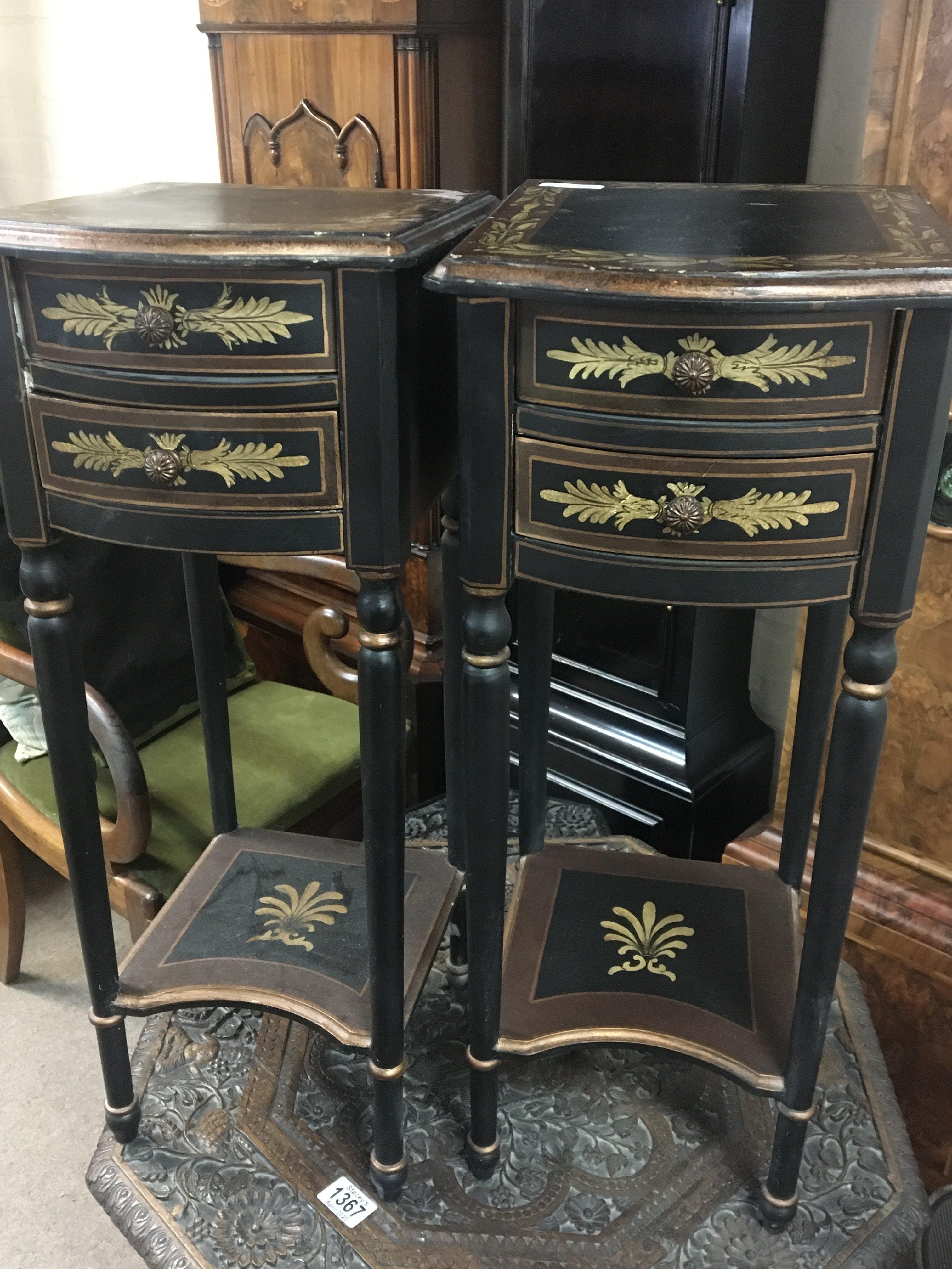 A pair of black paint side cabinets each fitted with two drawers on turned legs. (2) height 66cm
