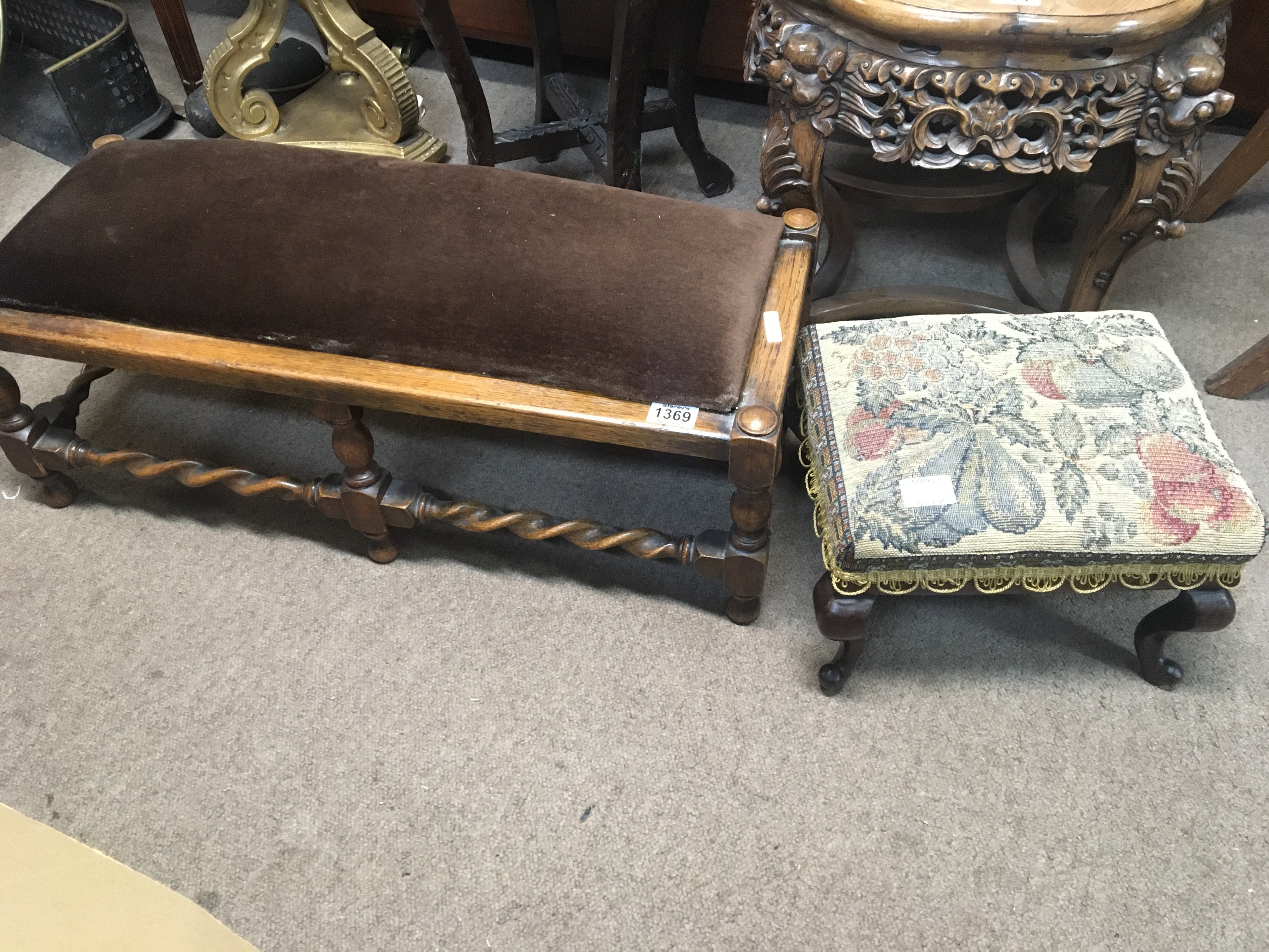 A rectangular oak stool with an upholstered seat and one other stool with cabriol legs (2)