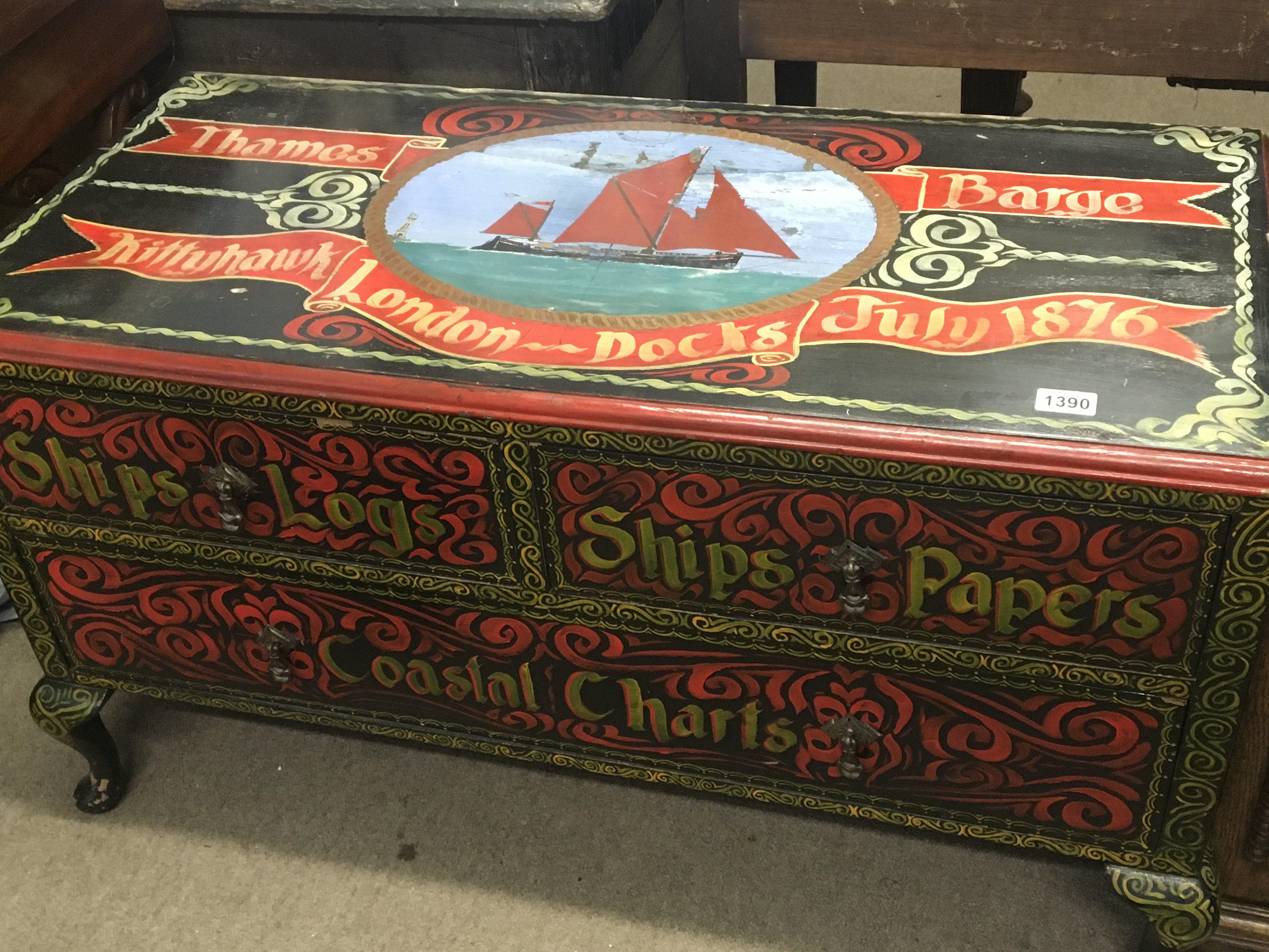 A Dwarf chest of drawers painted with scene of Thames Barges and inscribed London Docks. two short and one long drawer length 106cm.