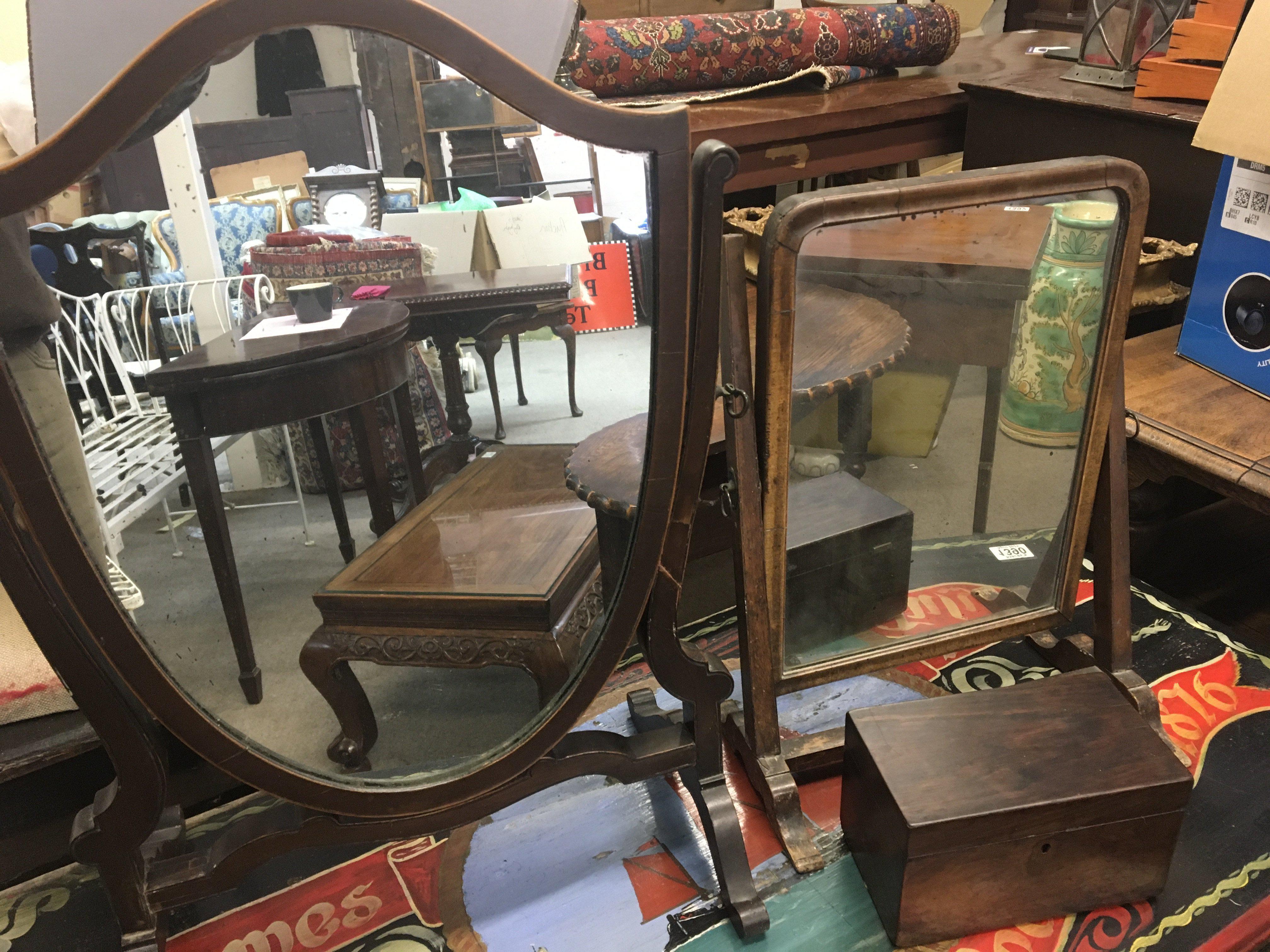 A Sheild shaped George III dressing mirror a small rosewood box and one other table top dressing mirror