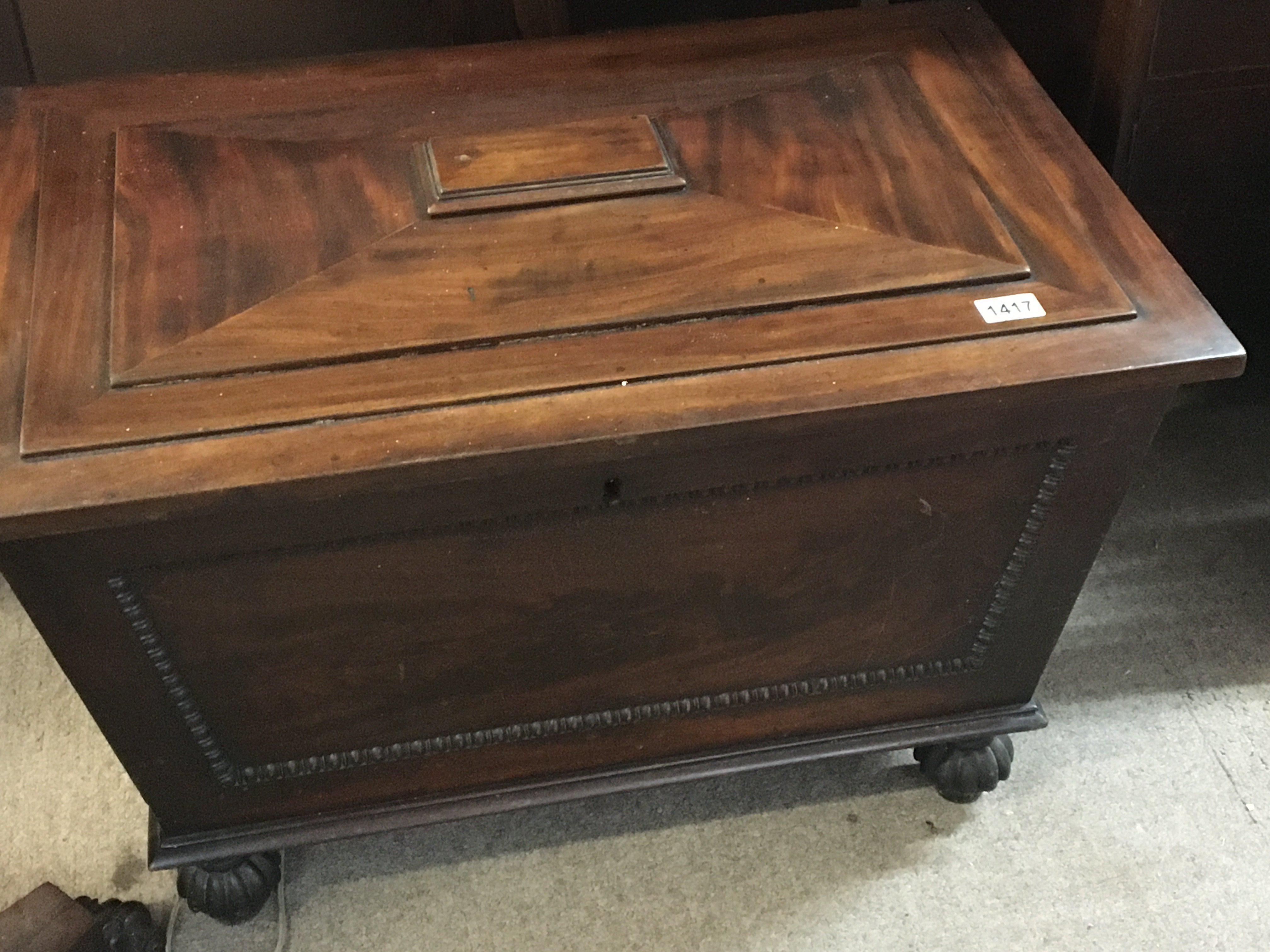 A William IV mahogany wine cooler with a stepped rectangular top the interior later fitted with a vintage Trio solid state Stereo amplifier KA 2000A and a Swiss made Goldring Lenco GL 75 record deck.