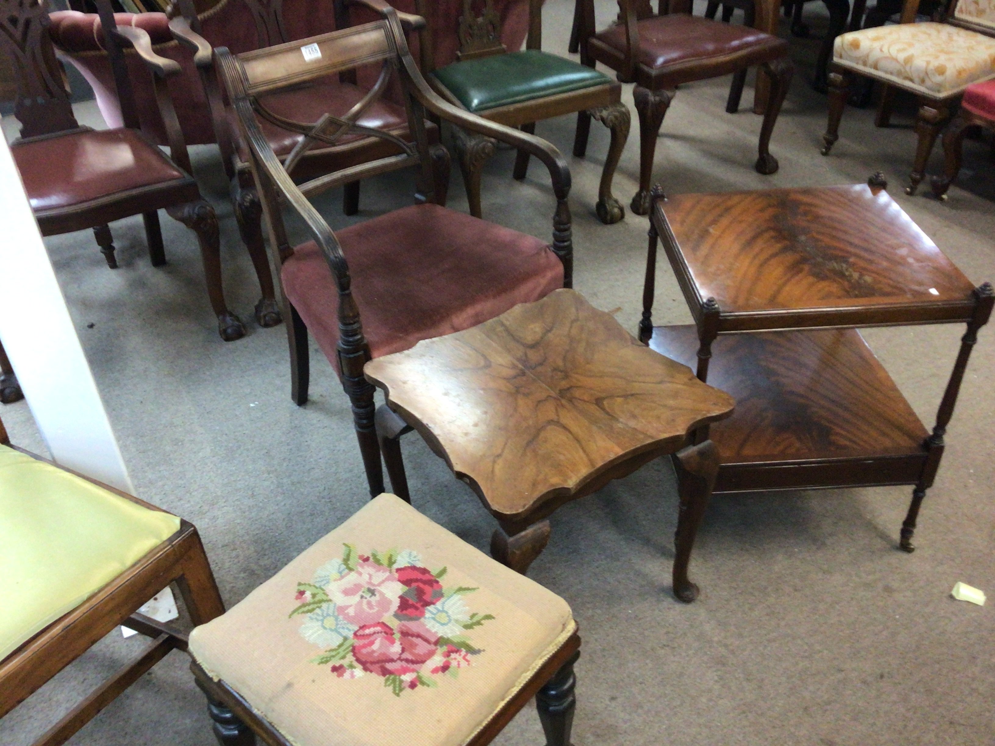A George III open arm chair a Victorian stool and two occasional tables and a pair of late George III vernacular chairs (6)