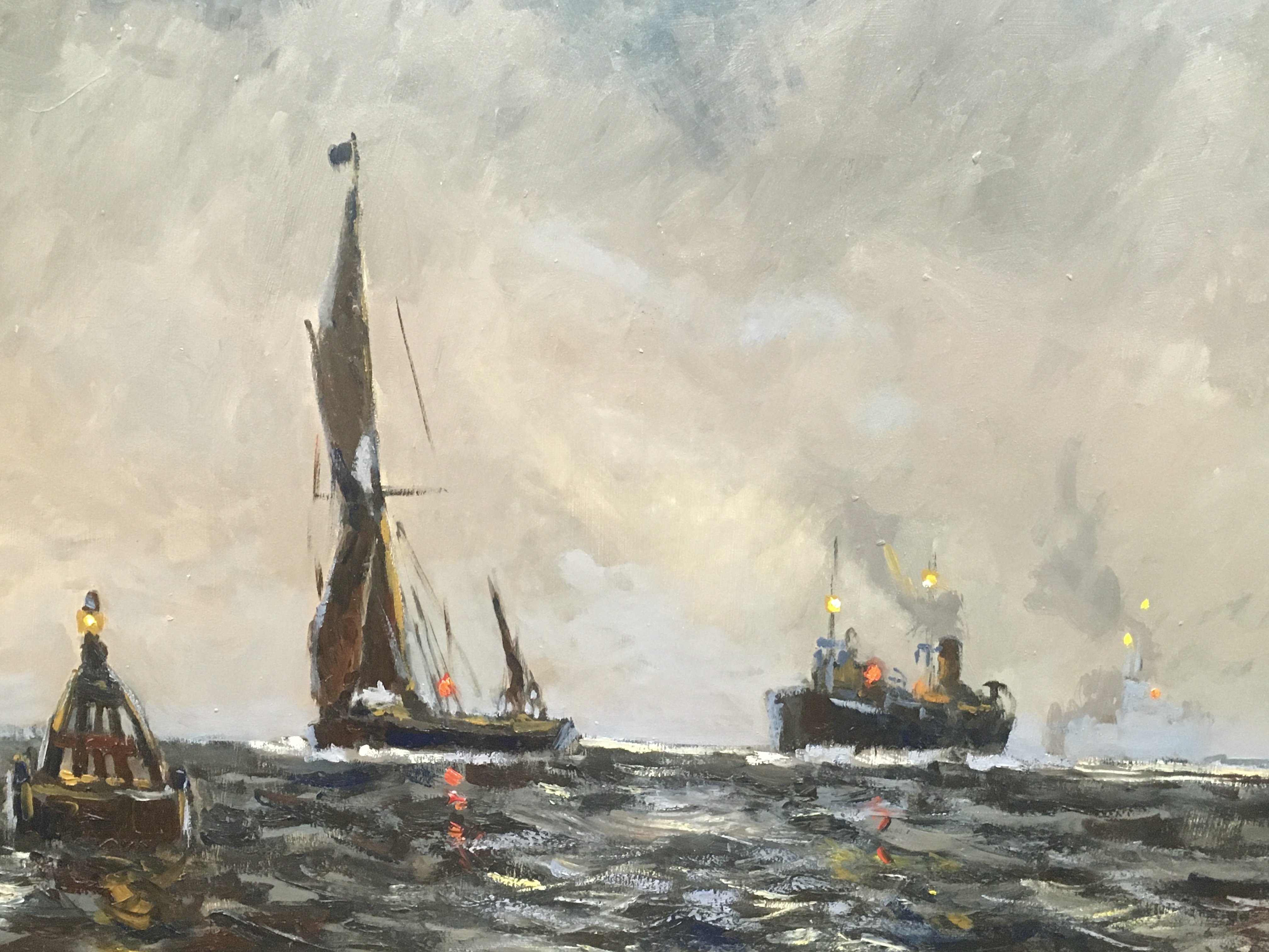 A Vic Ellis oil on canvas painting , steam boats and a sail boat at sea. 84x55cm