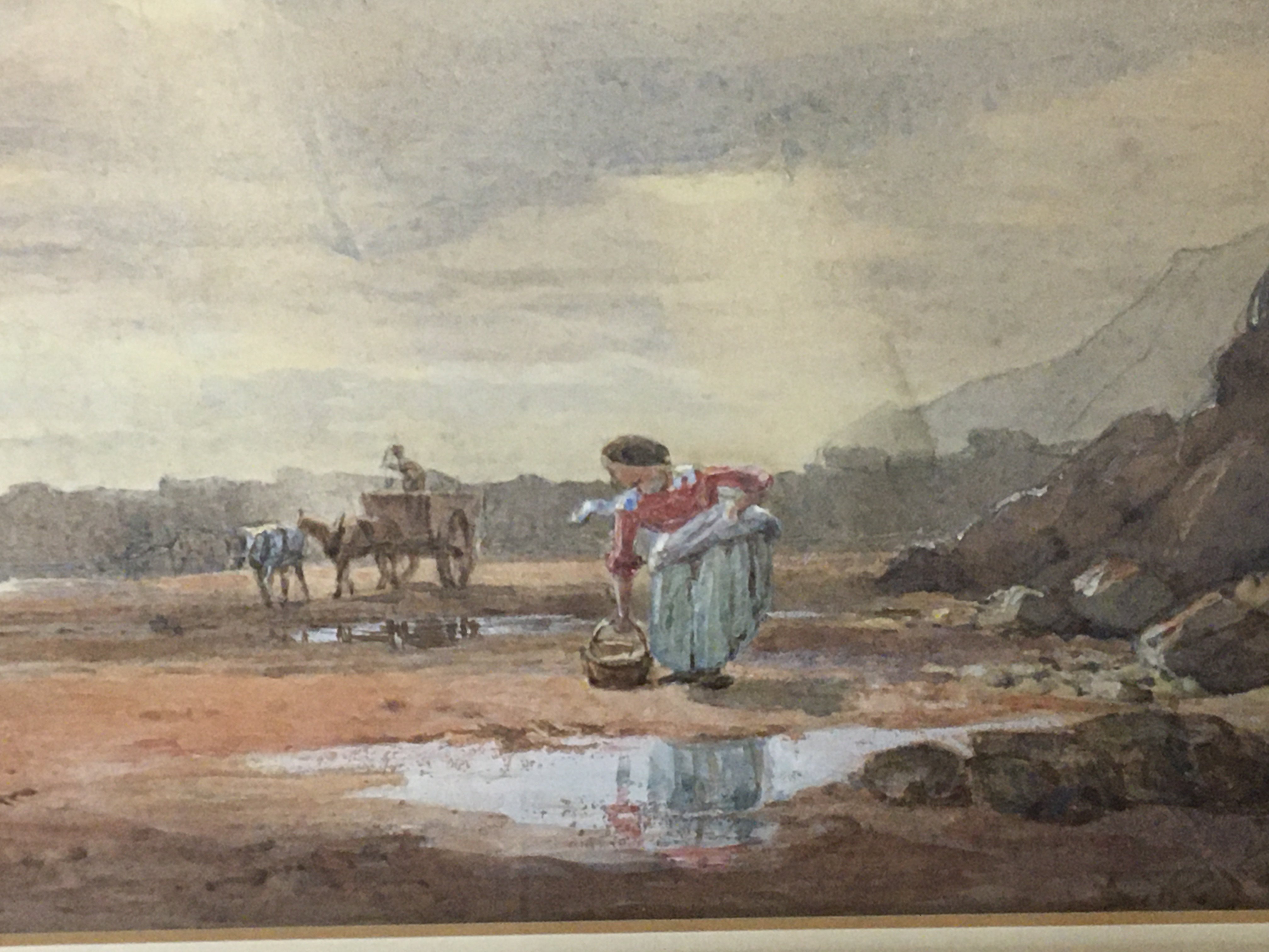 A 19th century framed watercolour beech scene study with a horse drawn carriage and lady with a basket unsigned unattributed. Good condition well presented 52x30cm. NO RESERVE