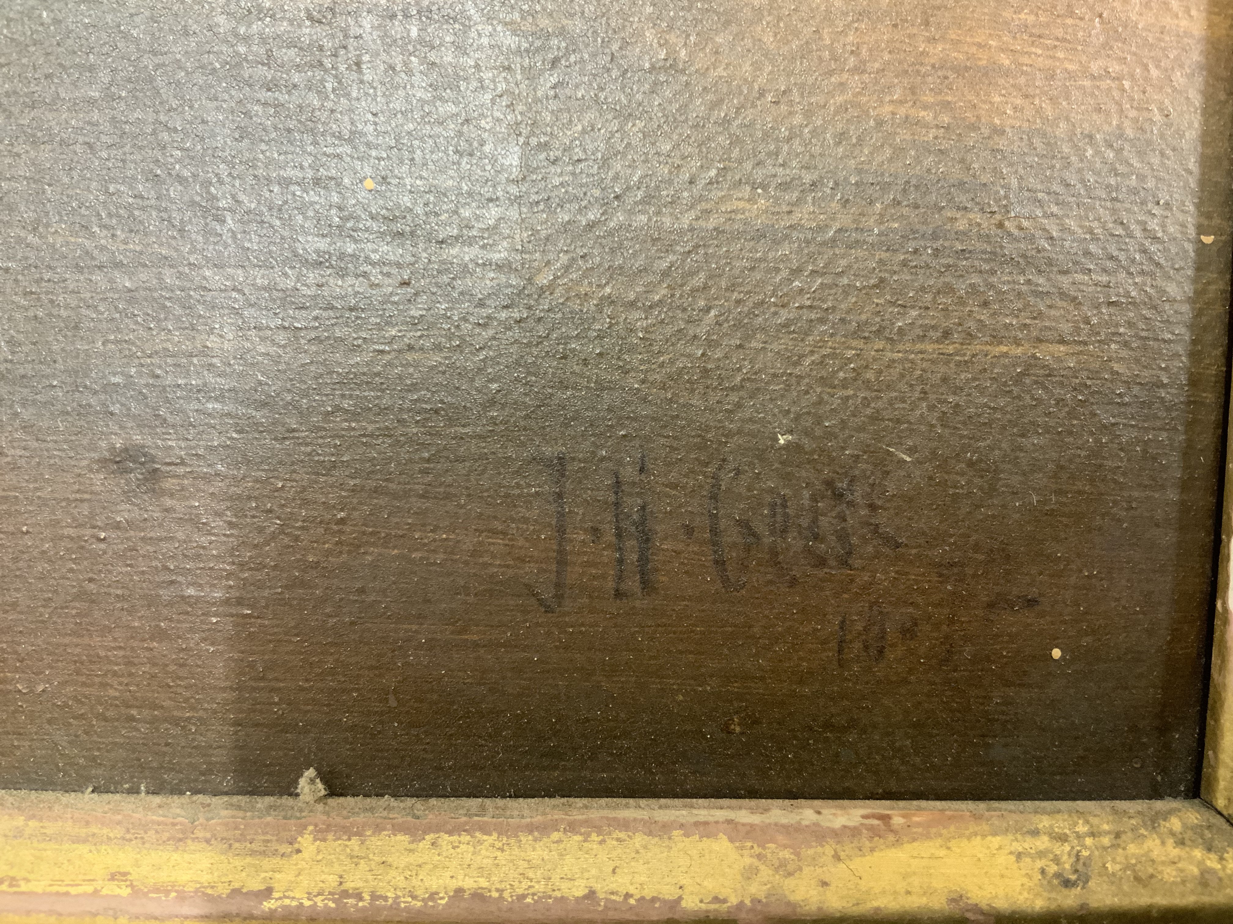 A large gilt framed oil on canvas landscape scene, indistinct artist signature. 99cm x 87cm. NO RESERVE