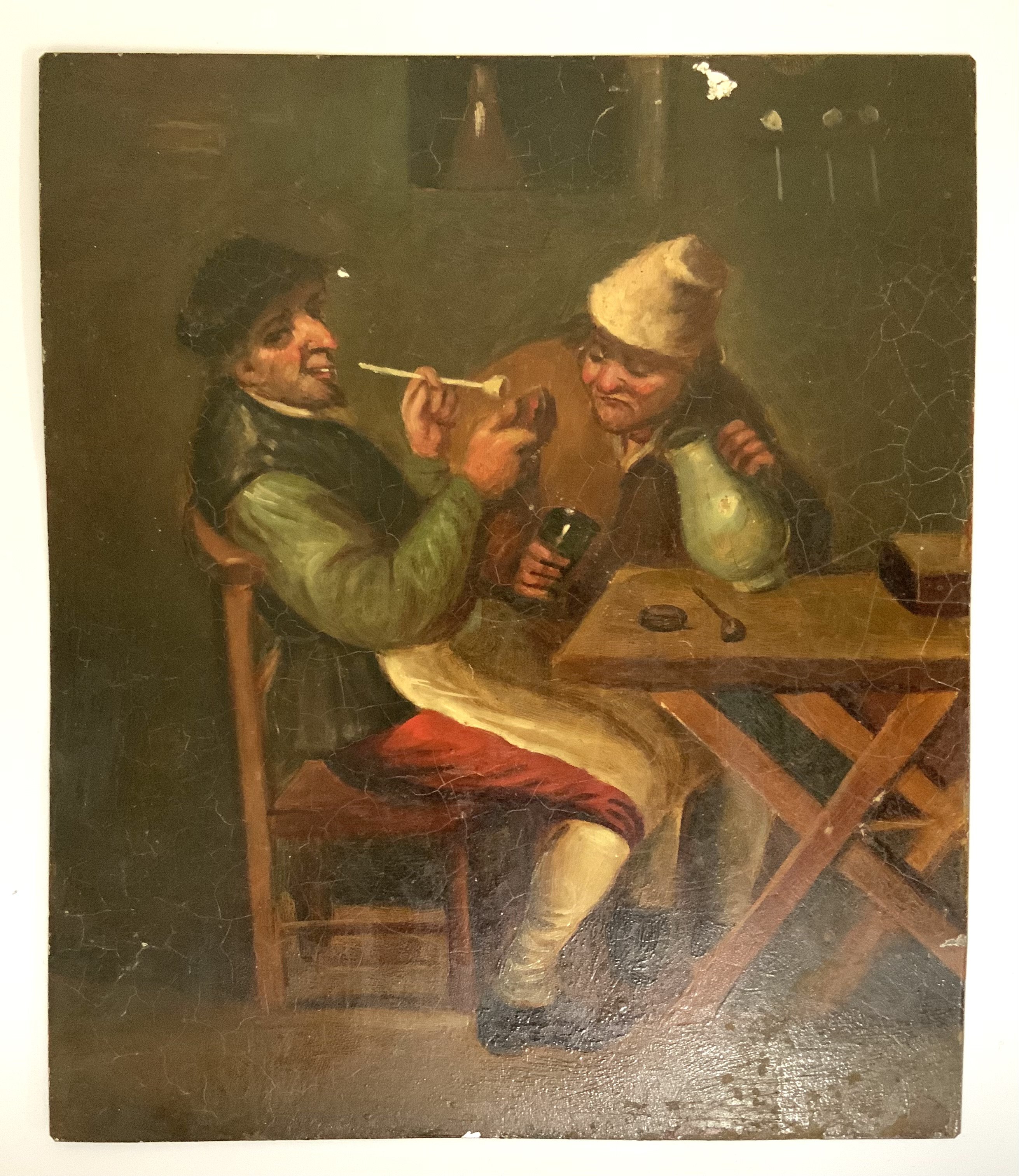 A small 19th Century oil on tin painting of 2 gents. Signed Ostard after Adrienne Van Ostade. 20cm x 17cm. (A)