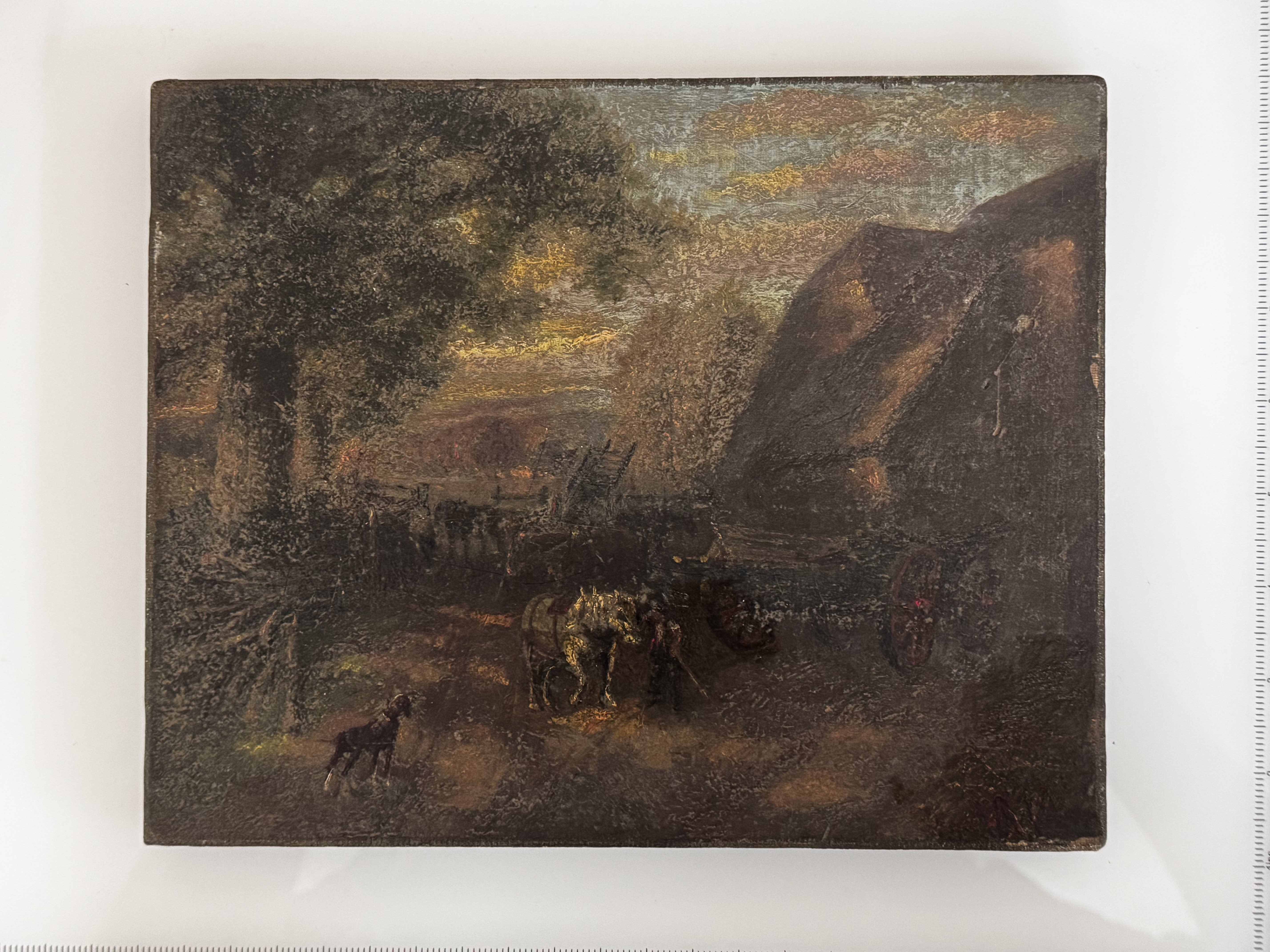 A small 20thC oil on canvas painting, farm view. 25.5cm x 20.5cm