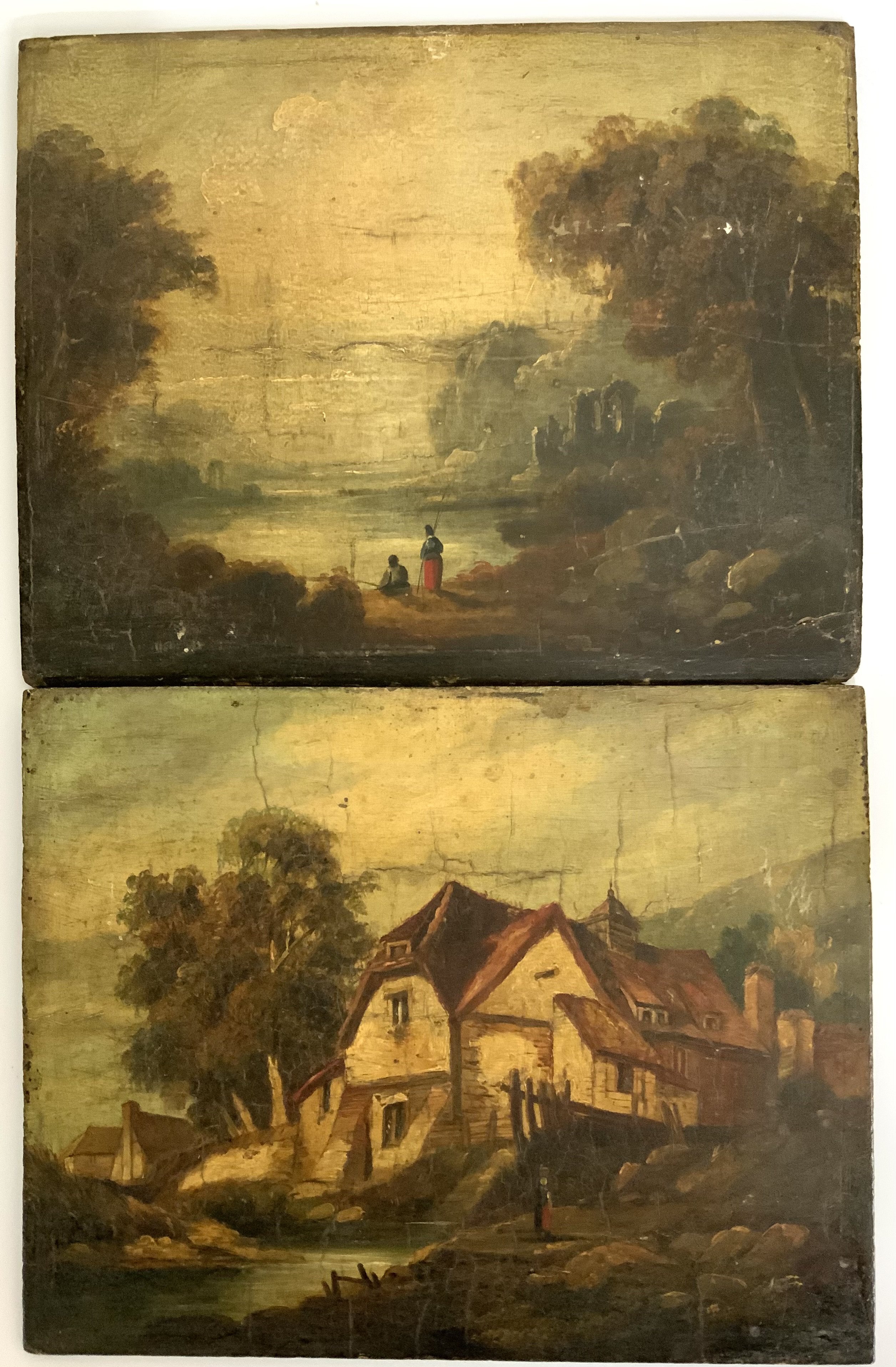 A pair of early oil on board paintings, countryside views. 25.5cm x 20cm