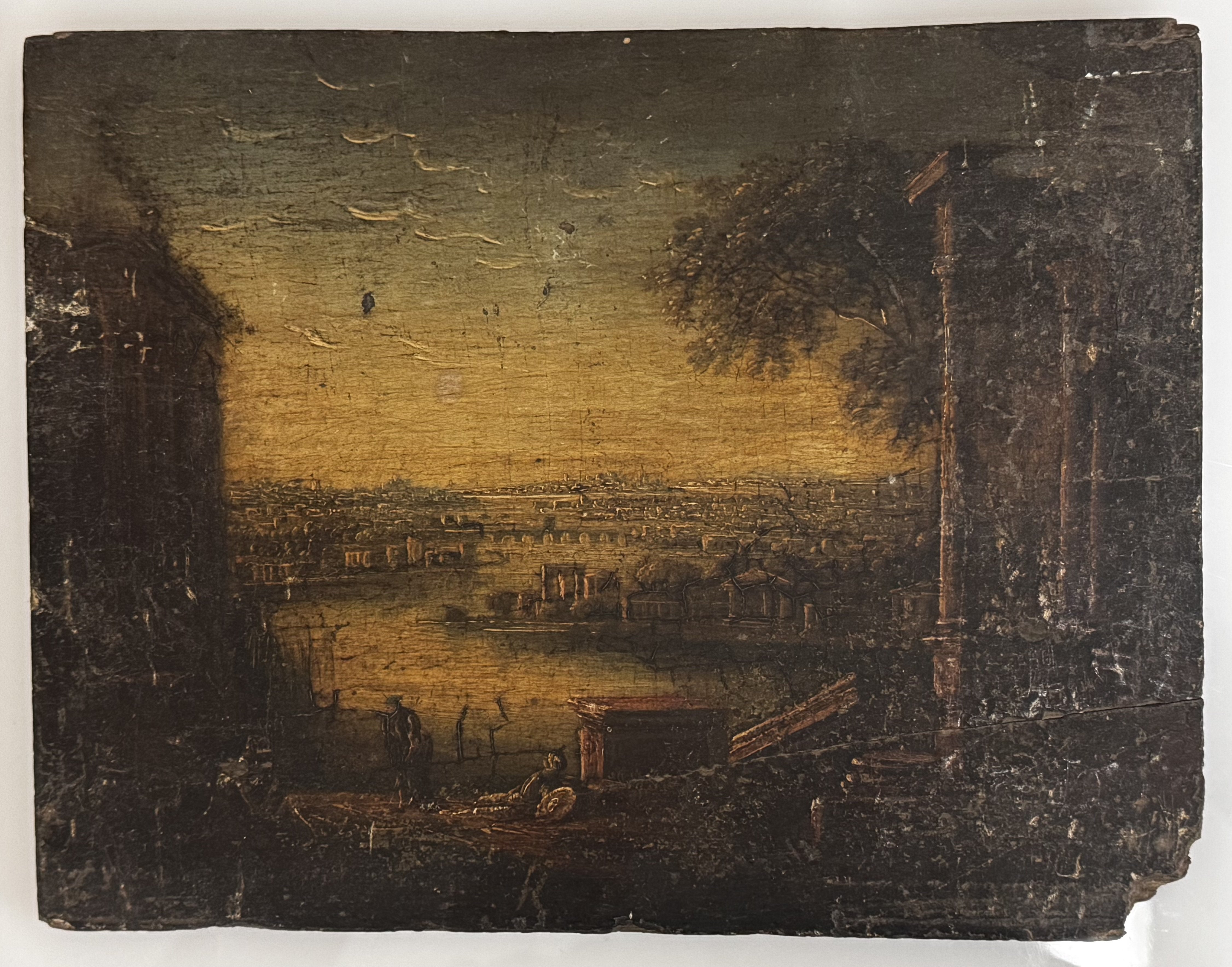 An oil painting on panel, possibly from the 17th or 18th century, depicting an Italian dock or harbour scene, the foreground with architectural remains. 24.6cm x 19.1cm
