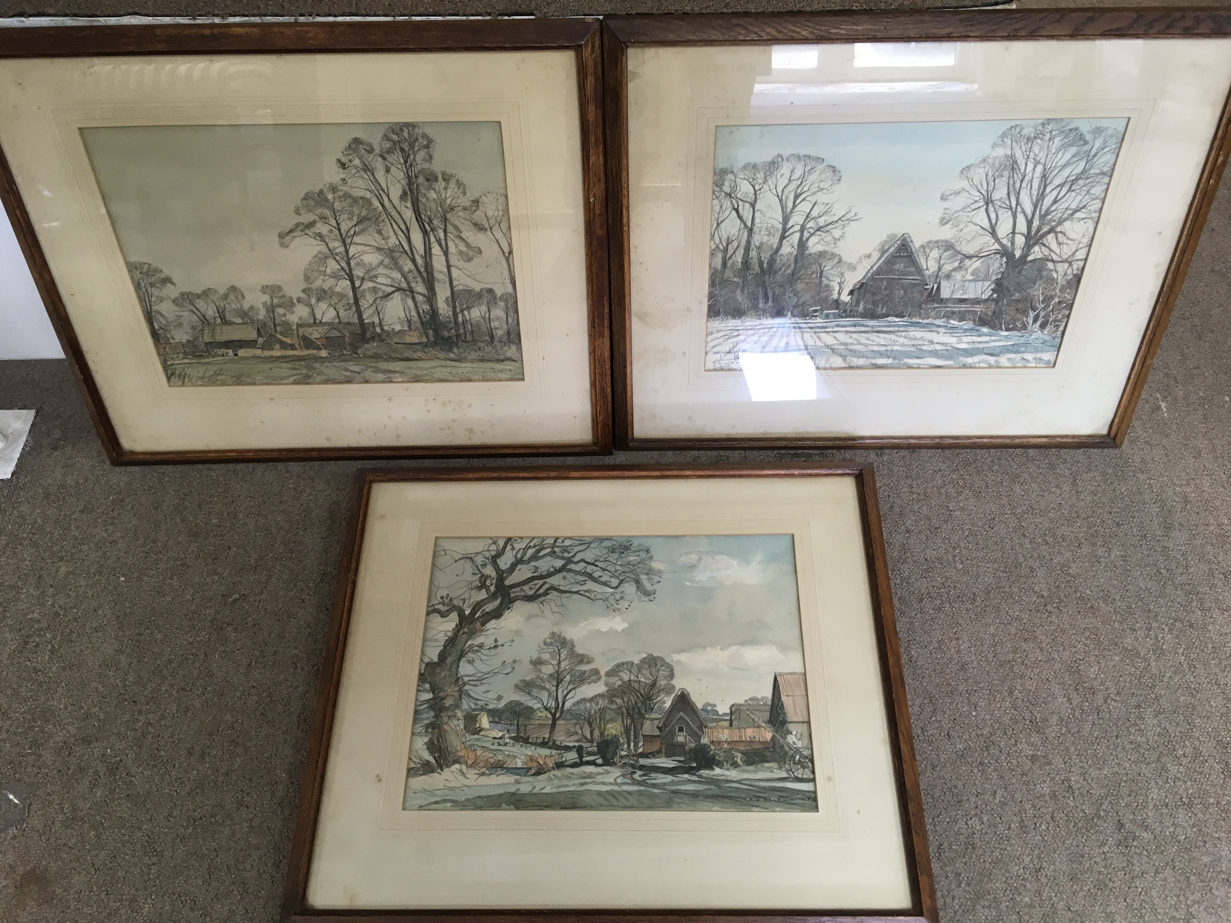 Three Mid 20th century Framed watercolours of rural winter scenes by Frederick William Baldwin, (1899-1984), frame dimensions 59x49cm. This lot cannot be posted