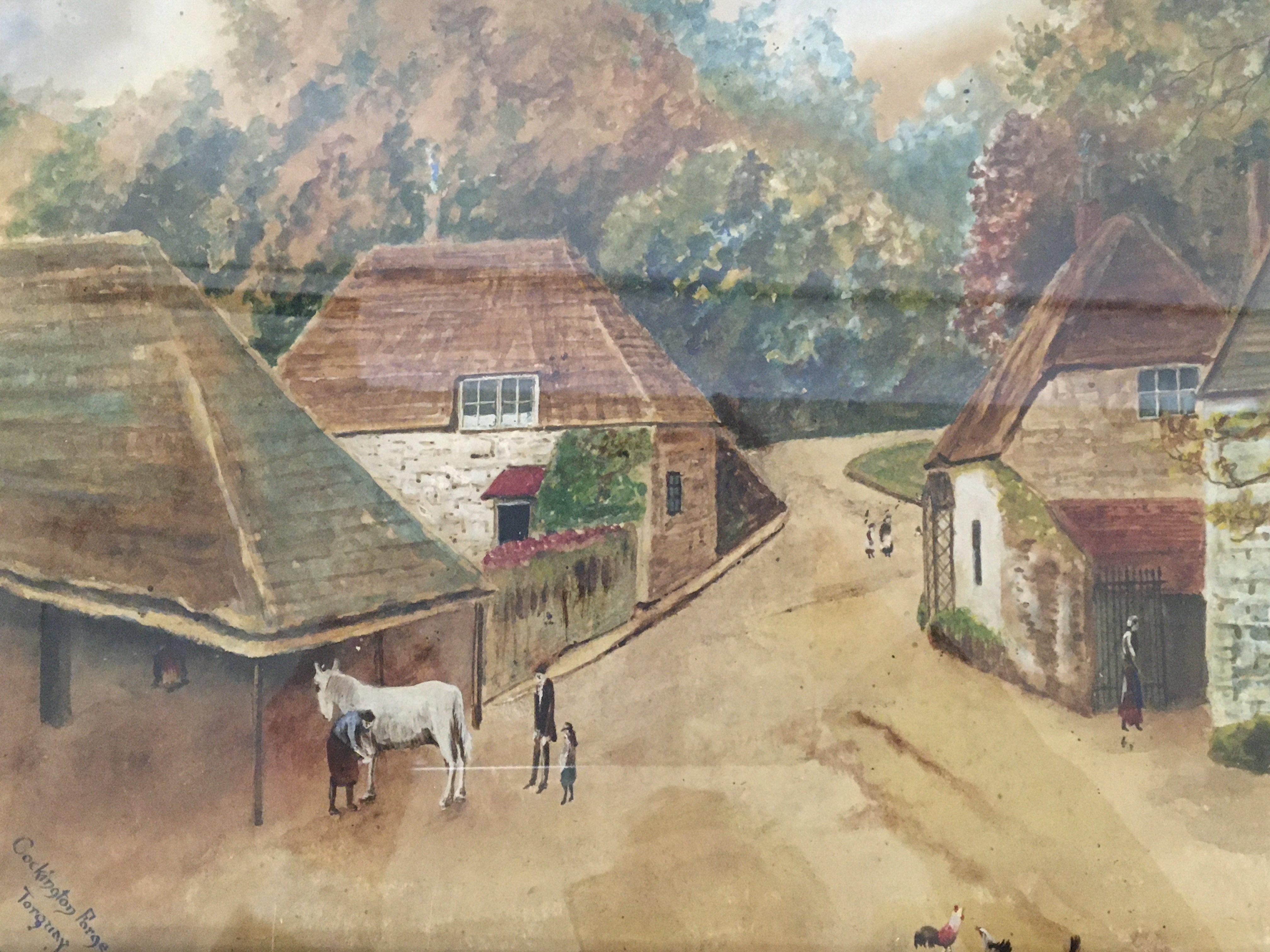 A pair of 19th century gilt framed Vernacular Naive watercolours a view of the Cockington Forge Torque and one other. 56x40cm (2)