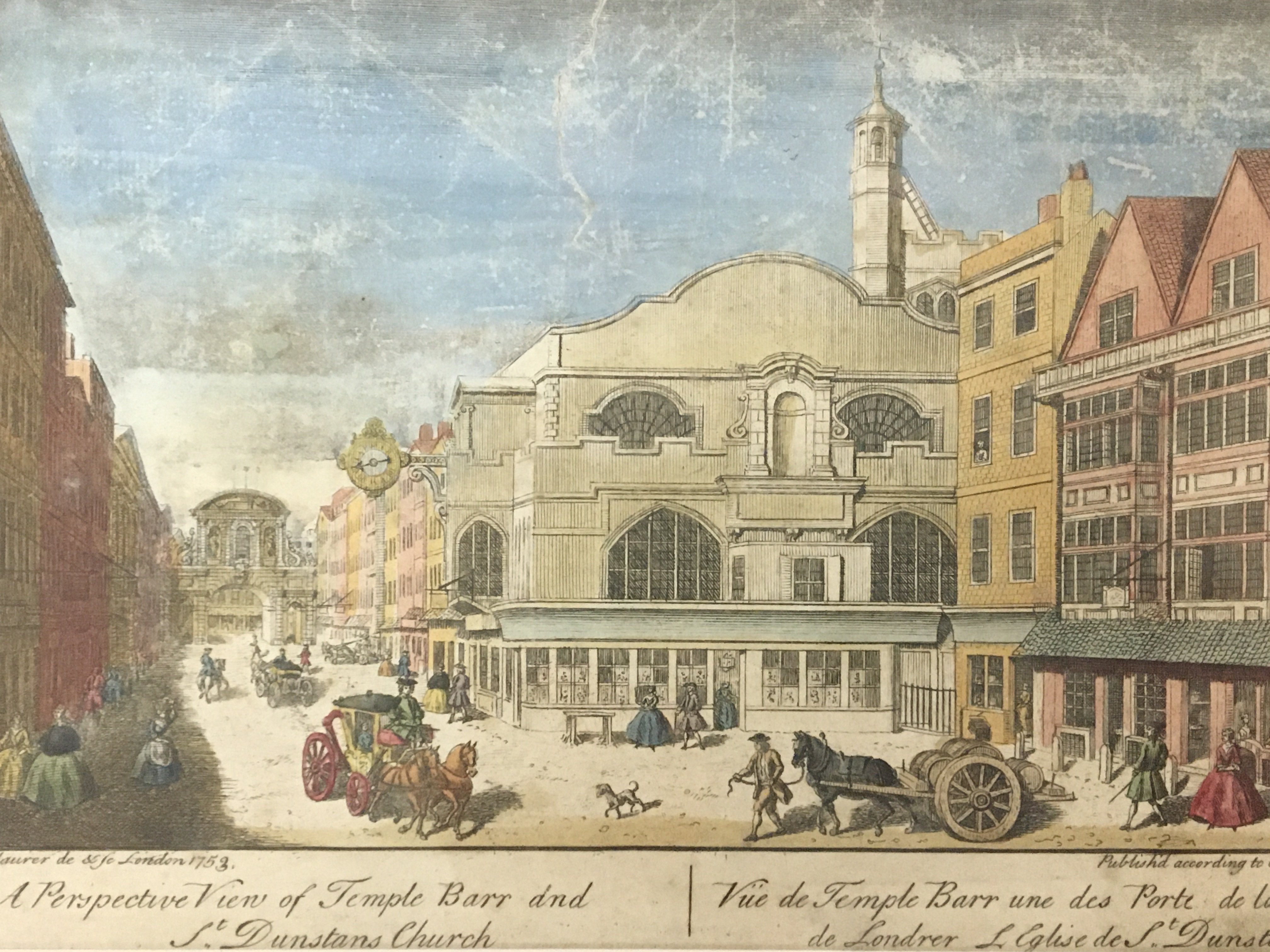 An 18th Century coloured print a study of a Perspective view of Temple Barr 1753 and other 19th century prints of Temple Bar. (3)