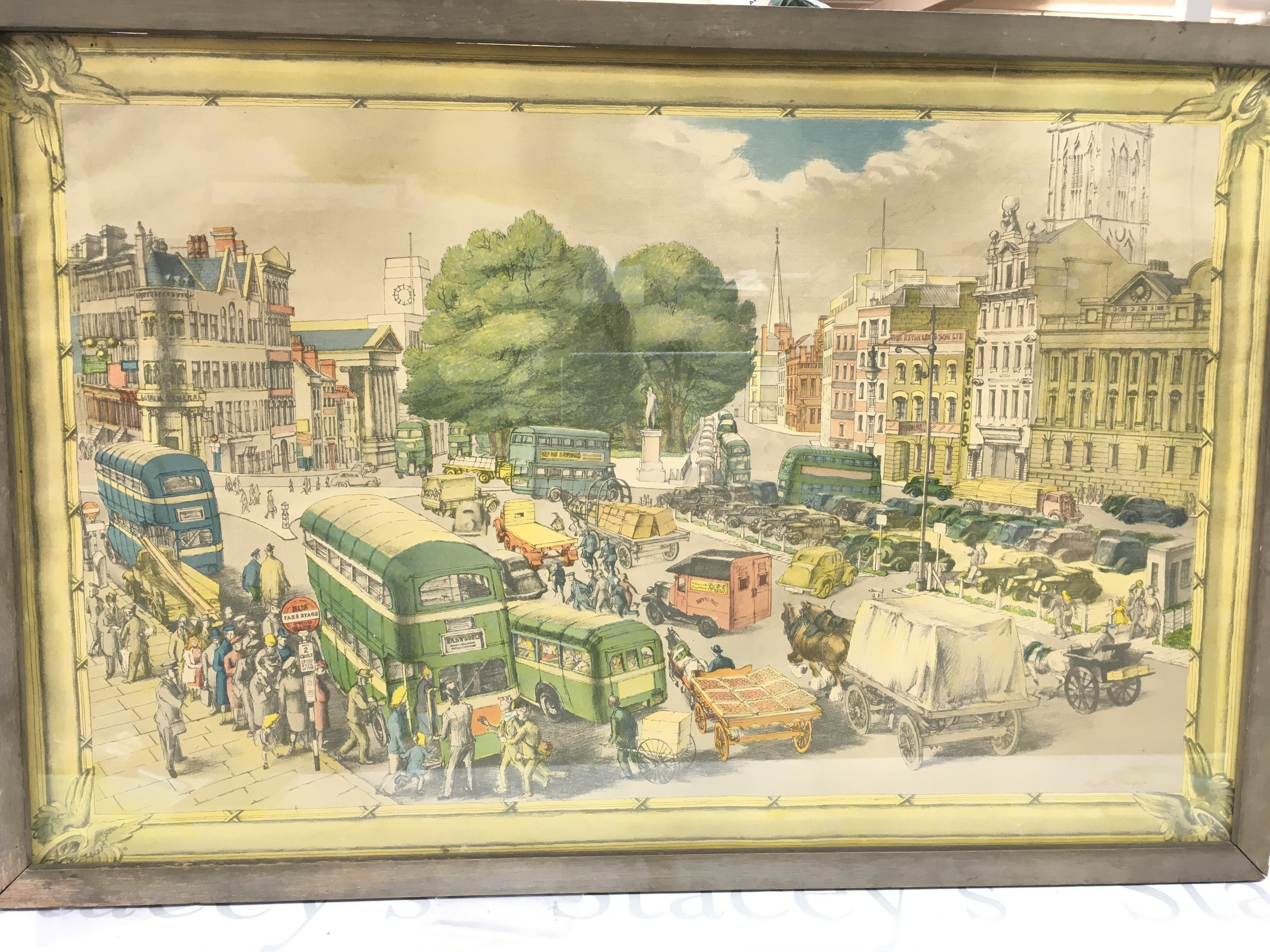 A framed drawing of Bristol town centre by Phyllis&#2013266057۪s Ginger circa 1946