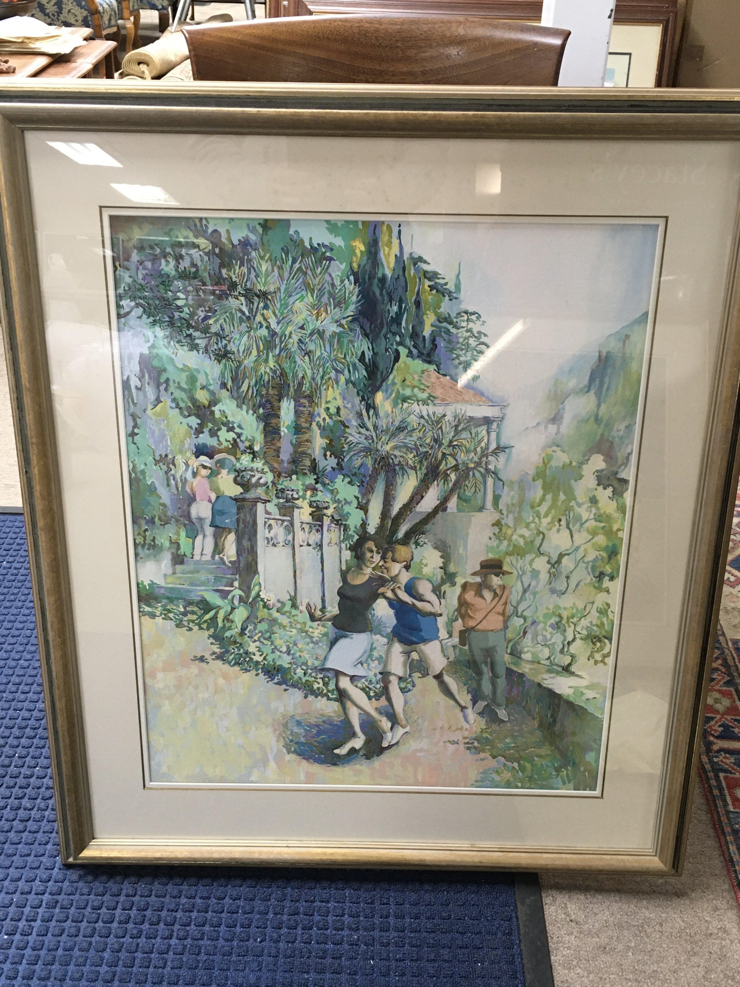 A framed Brian Hinton (1938-present) watercolour painting depicting people in a tropical environment. 76x90cm