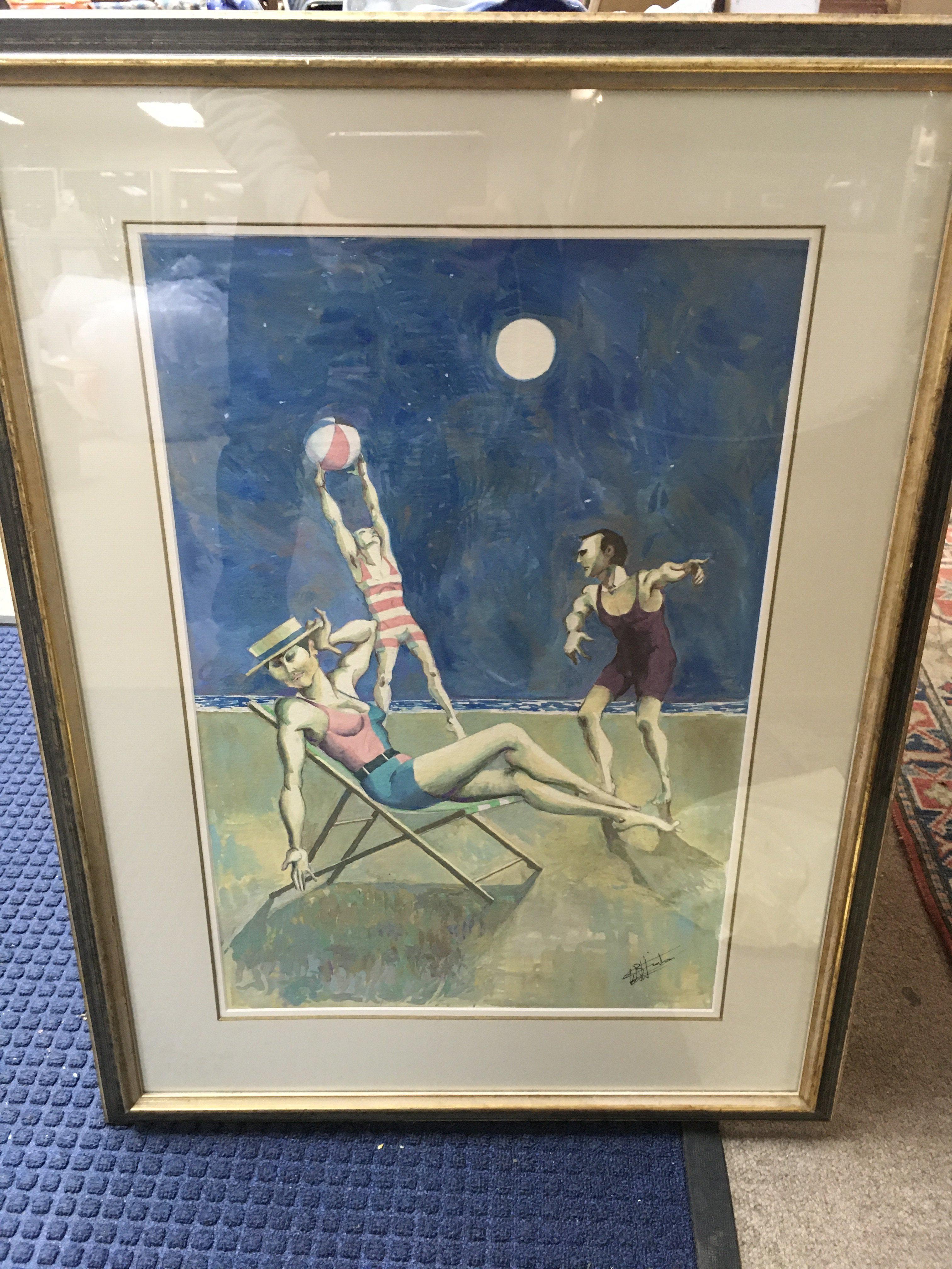 A framed W. Brian Hinton (1938-present) watercolour painting depicting a seaside scene . Frame dimensions 57x78cm