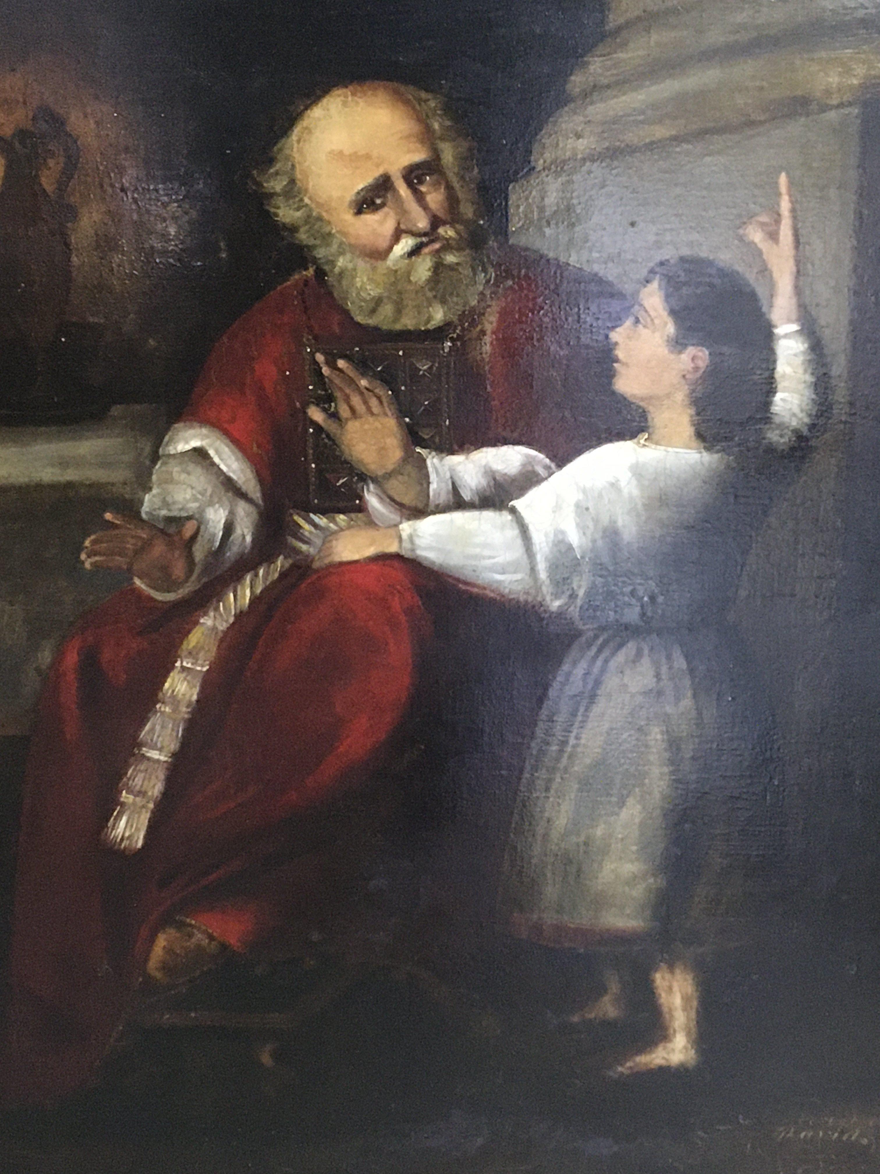 A framed oil painting figures in an interior of an ecclesiastical subject with inscription possible 18th Century relined and restored.