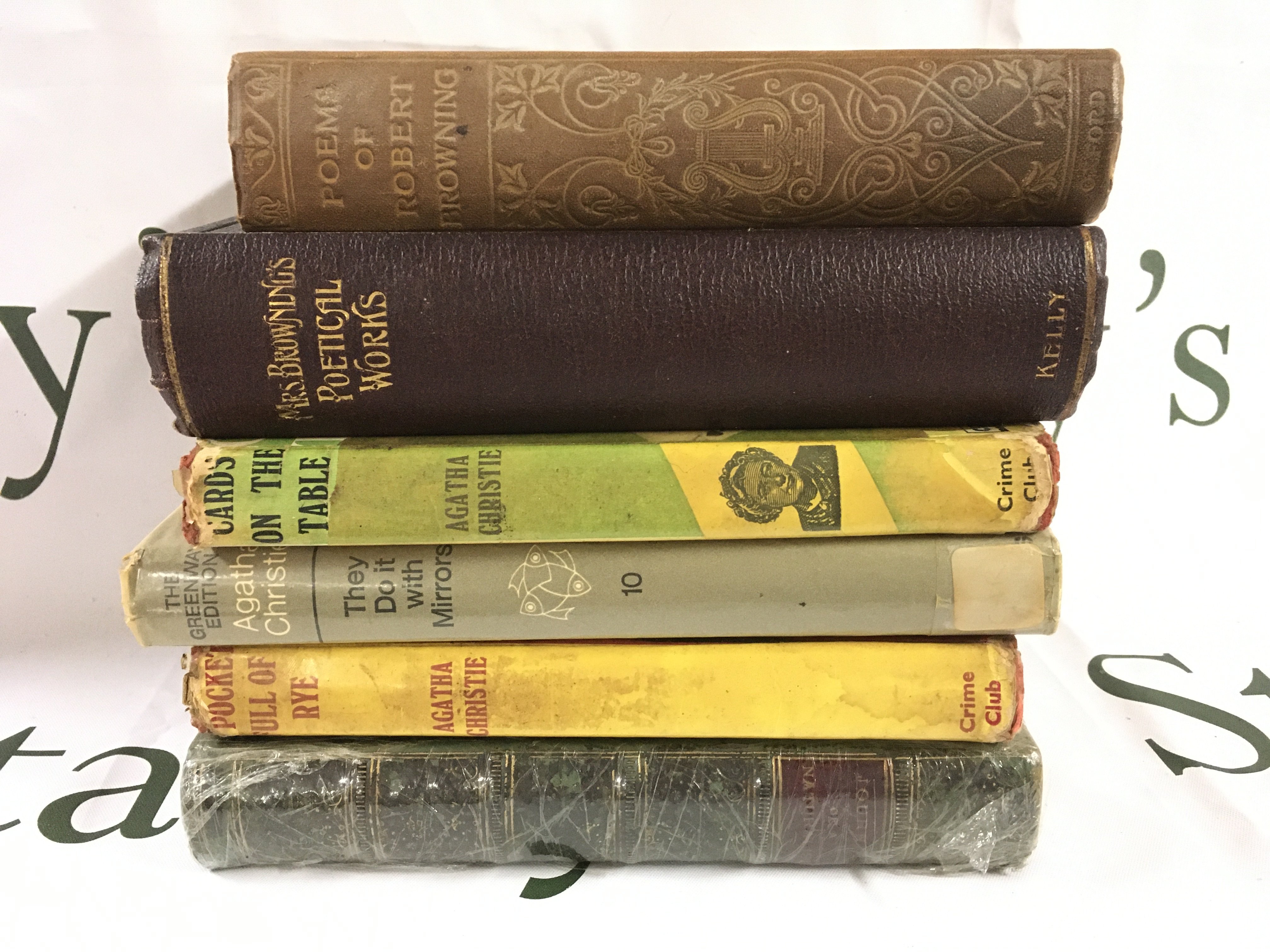 Vintage books including Agatha Christie A pocket full of rye, They do it with mirrors, Cards on the table , Poems of Robert Browning etc.