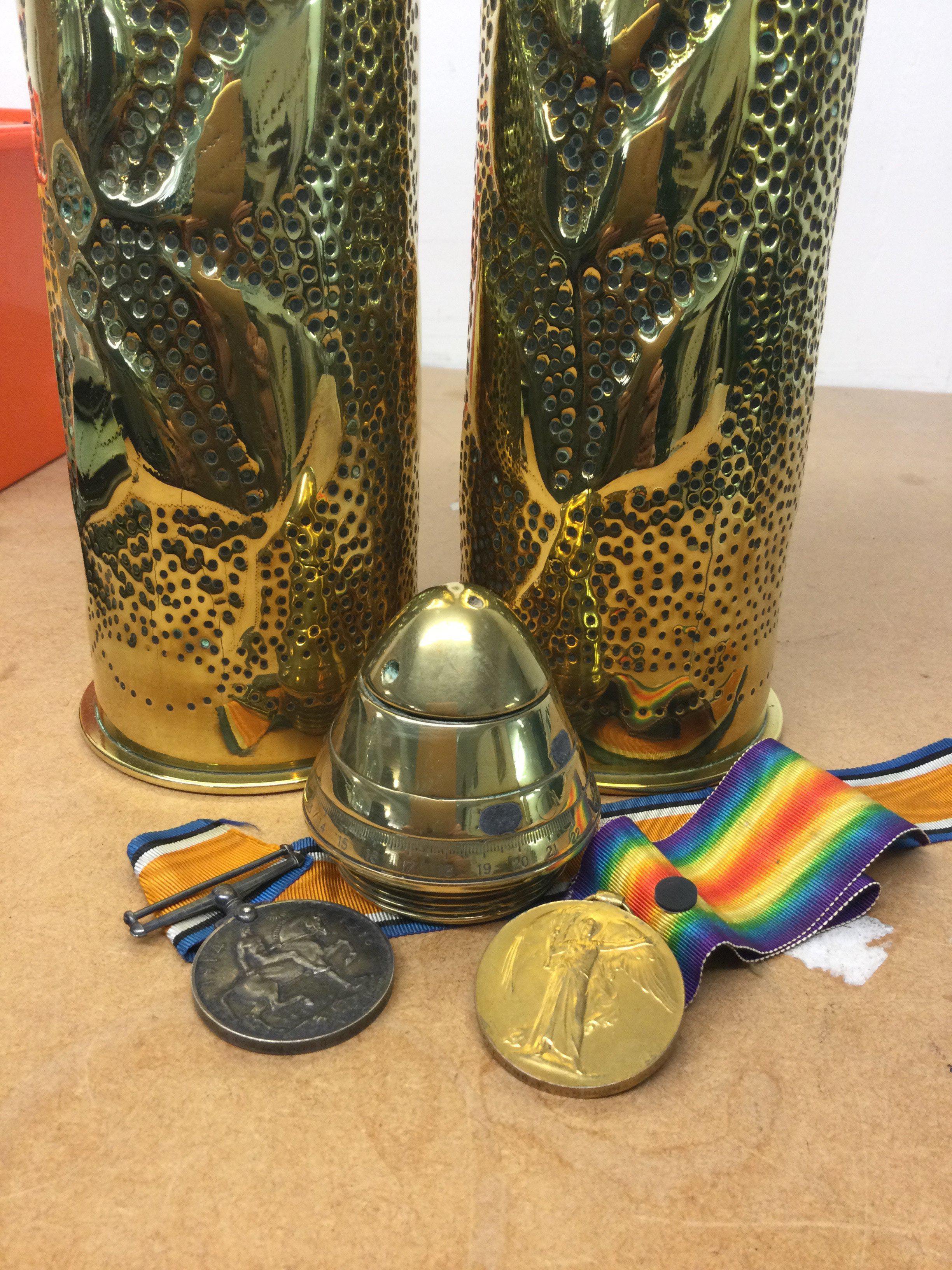 Trench art vase inkwell together with two First World War medals awarded J Durbury R . E .