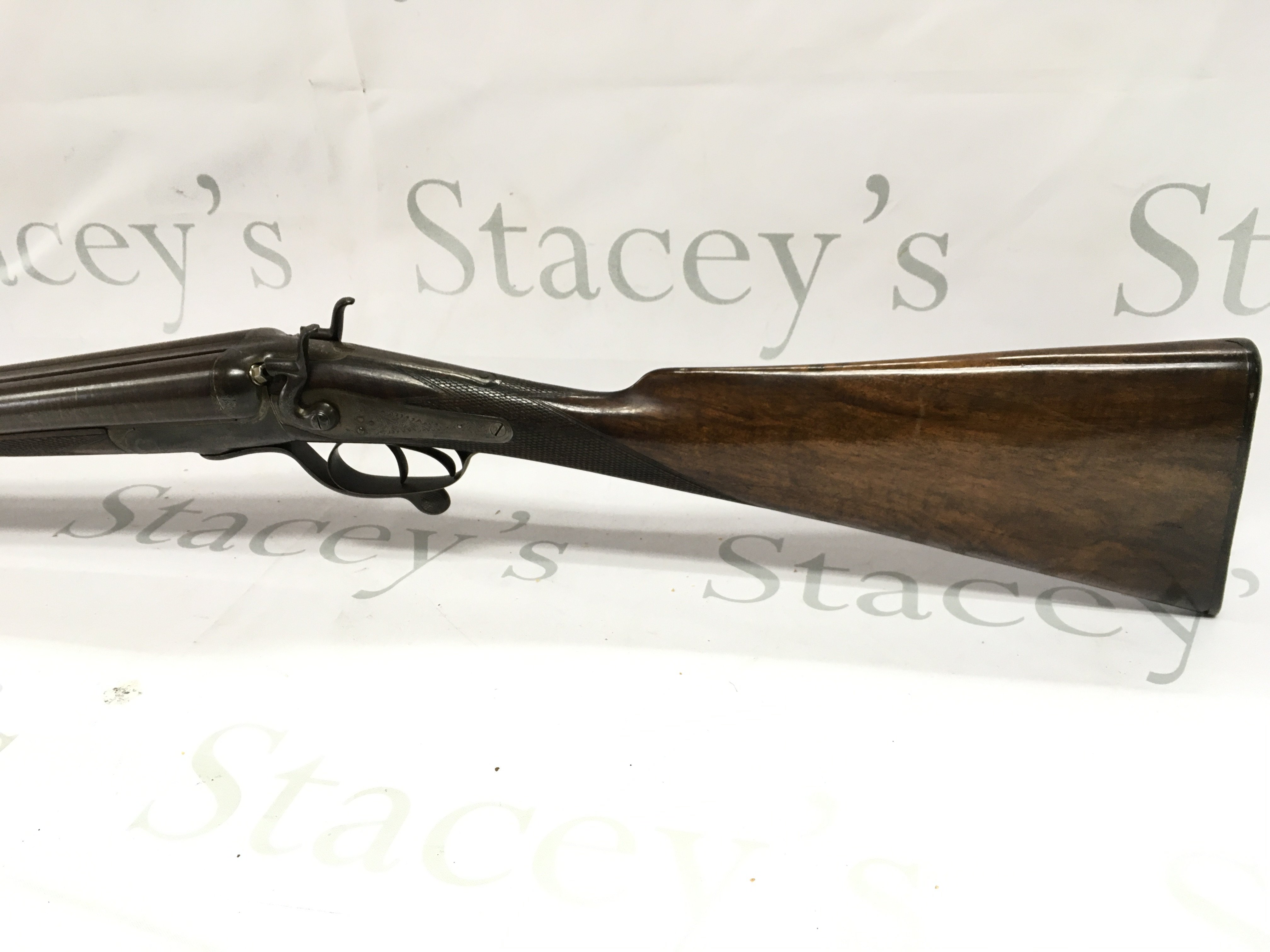 Nice example of a side by side 12g shotgun with lovely damascus steel barrels. 29 inch barrel and 45.5 overall. PLEASE NOTE THAT A SHOTGUN LICENSE IS REQUIRED TO PURCHASE THIS ITEM. VIEWING AND COLLECTING IS BY APPOINTMENT ONLY.
