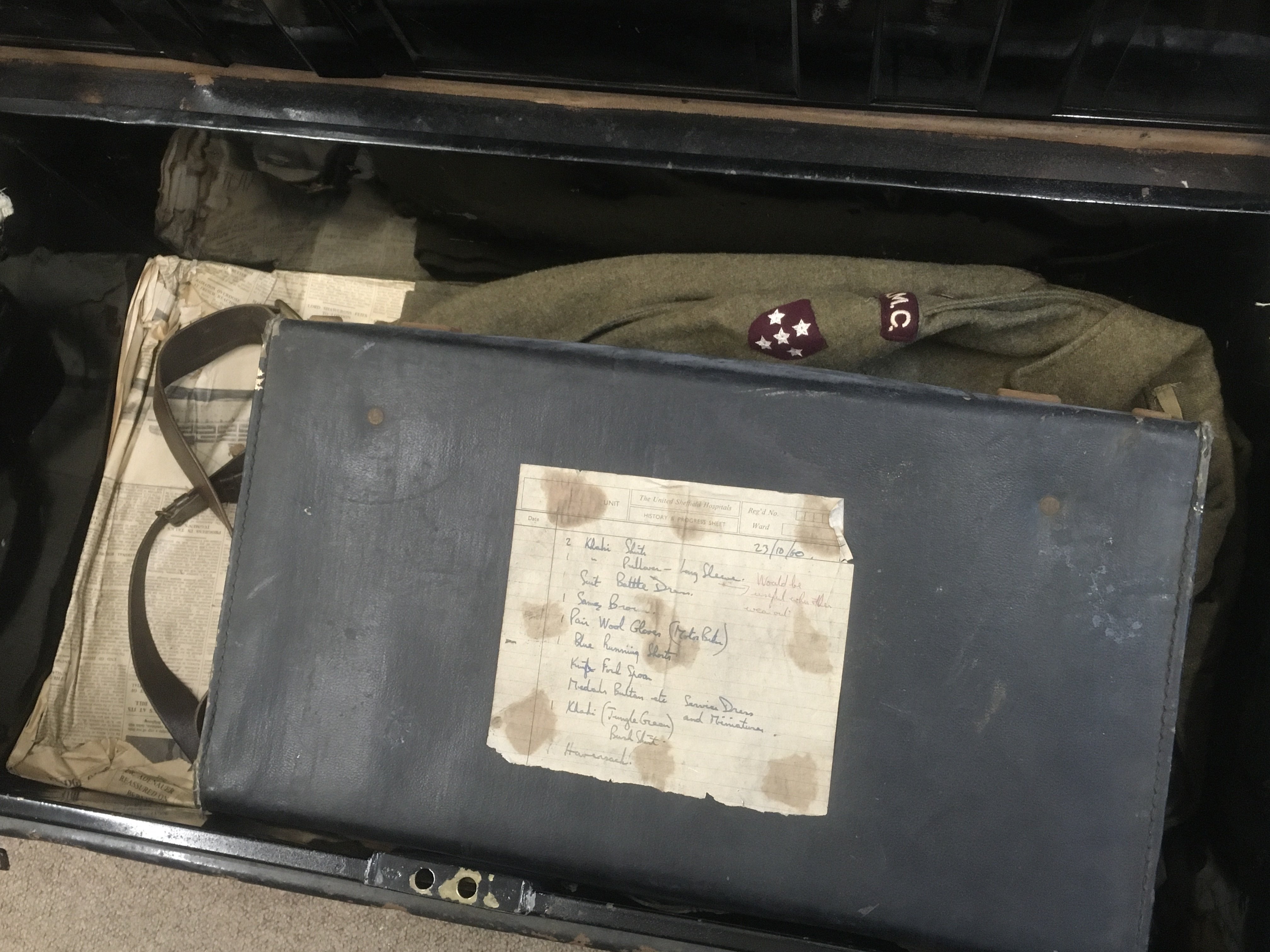 WITHDRAWN -P.C Farrant Trunk and uniform contents including battledress blouse and trousers 1949 pattern. This lot cannot be posted