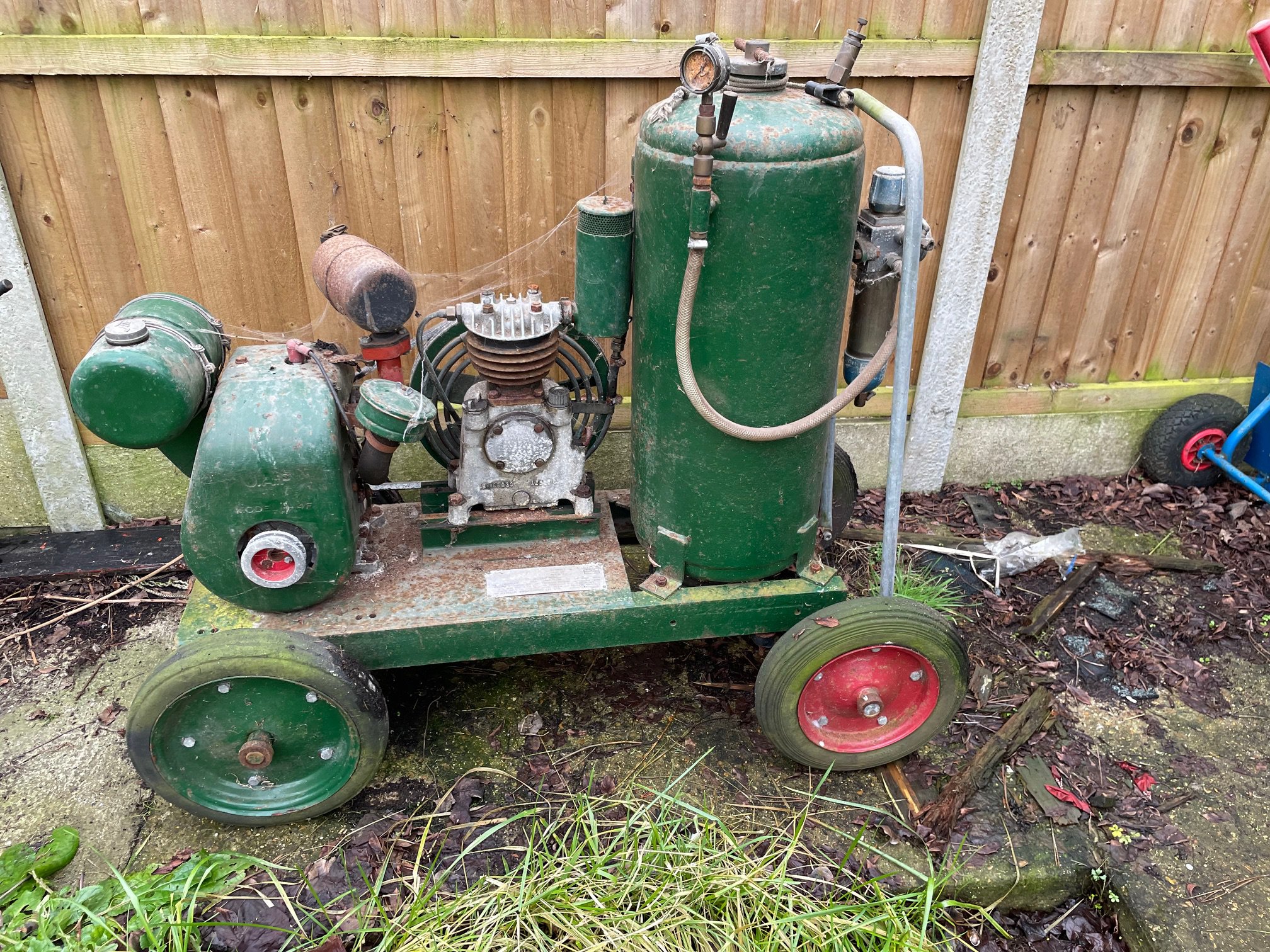 A J.A.P (John Alfred Prestwich) Stationary engine with air compressor and storage tank on trolley SOLD IN SITU we have a dedicated viewing day on Saturday 12th April between 10am - 2pm via appointment, please contact the office for additional address information.